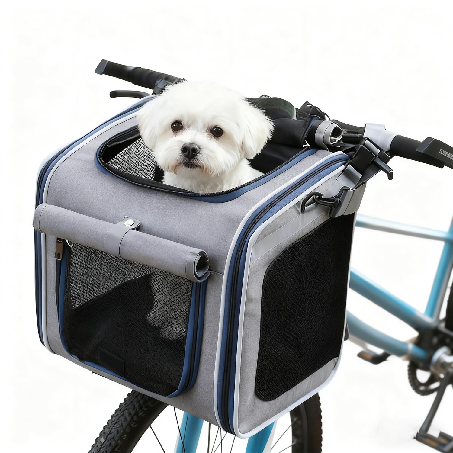 Hundefahrradkorb Vorne, Hundekorb Fahrrad Vorne mit 4-Offenen Türen, 4-Mesh-Fenster, Faltbarer Fahrradkörbe für Hunde, Fahrrad Hundekorb für Kleine und Mittelgroße Katzen und Hunde