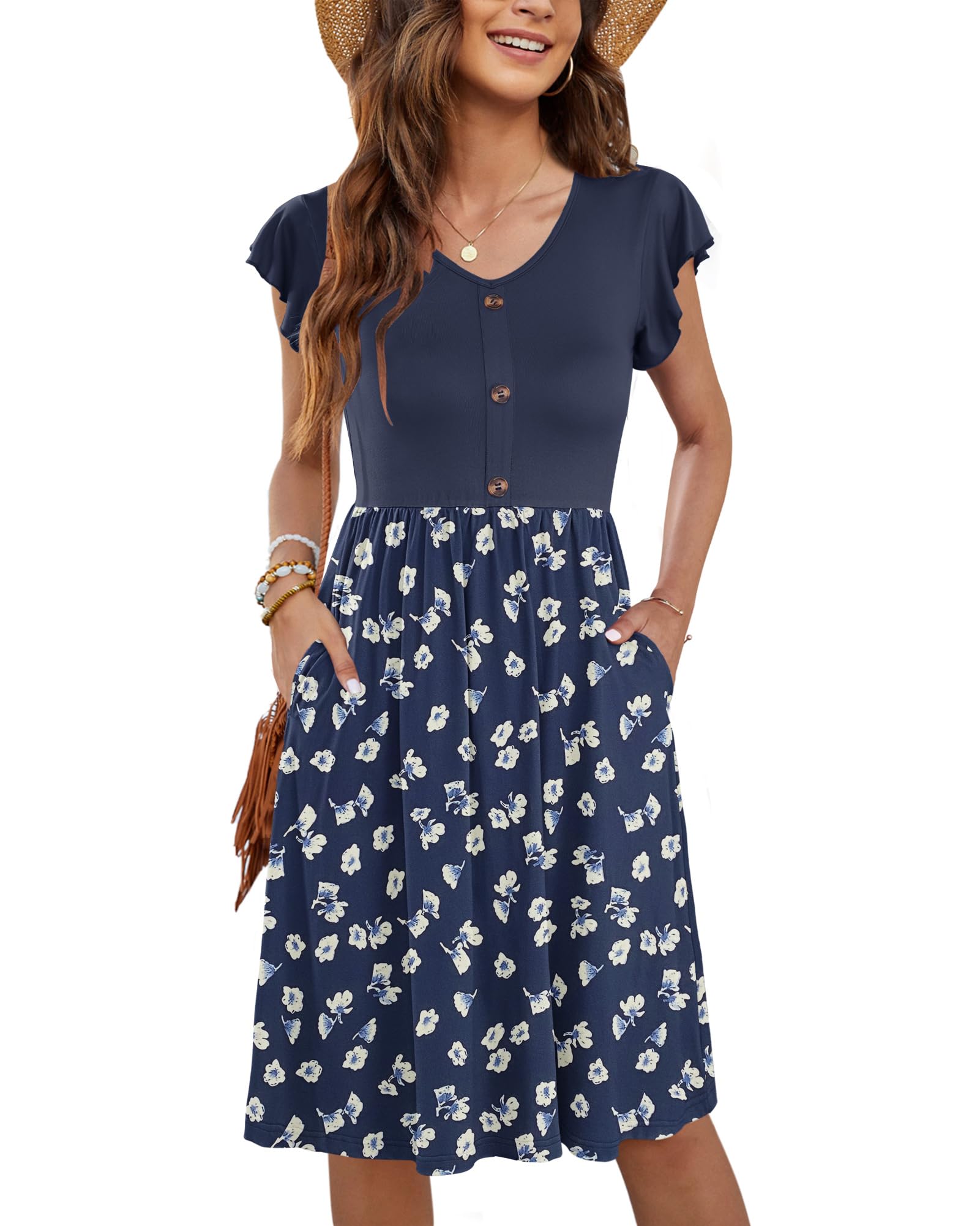 Molerani Women's Floral Navy2 Summer Dresses For Uk Ruffle Sleeve Sundresses V Neck Dress Casual Beach Dresses Elastic Waist Midi Dress With Pockets Floral Navy 2XL