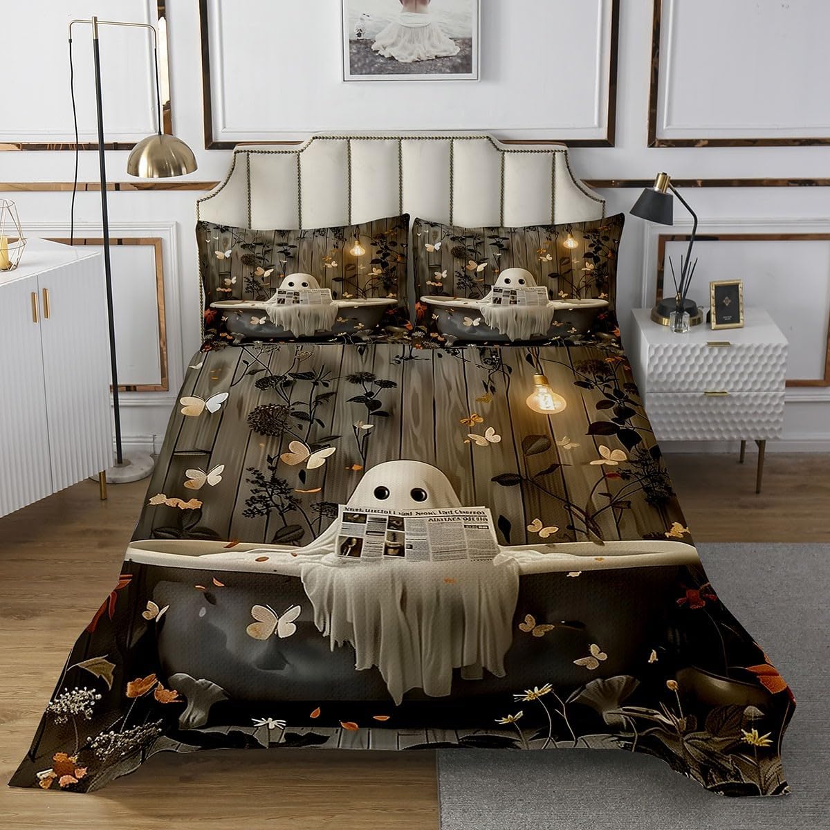 Erosebridal Funny Halloween Ghost Quilt Set Botanical Leaves Butterfly Queen Bedspread Set, Reading Newspaper Fancy Humor Ghost Coverlet Sets Vintage Gothic Quilted