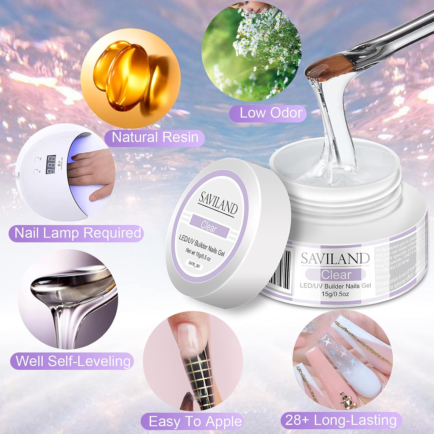 Saviland Builder Gel for Nails - Nail Extension Gel Kit 3 Colors Hard Gel Clear Pink White 15g Nail Strengthen Nail Art Manicure Set with Nail Forms Nail Brush Nail Supplies for Beginners