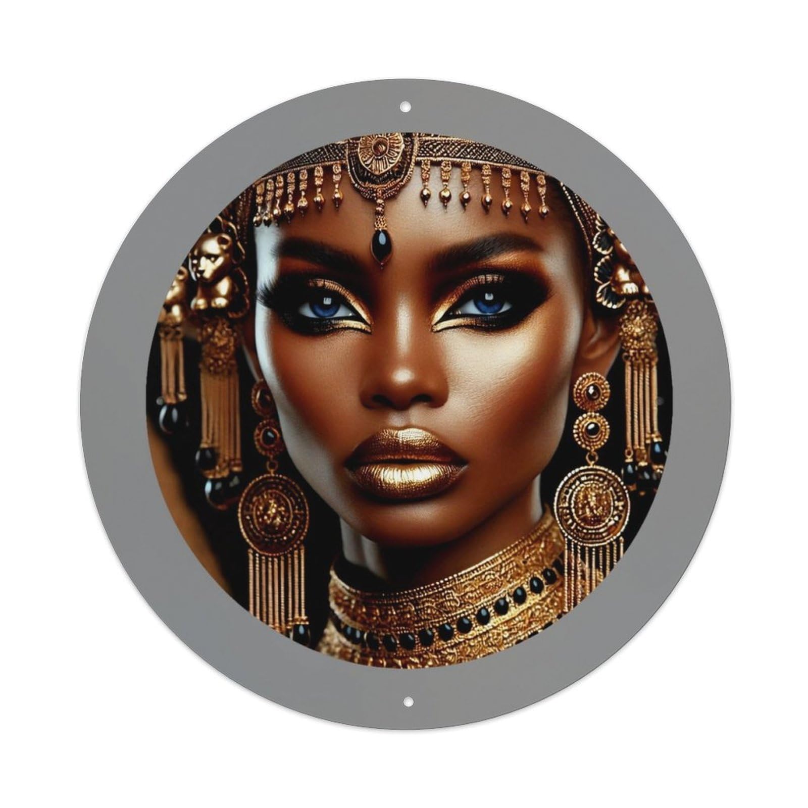 Ornate Gold Egyptian Jewelry Design Vintage Metal Tin Sign Retro Wall Decor for Home Bar Garage Cafe, Indoor & Outdoor Decorative，circle Metal Poster, 8x8 Inch