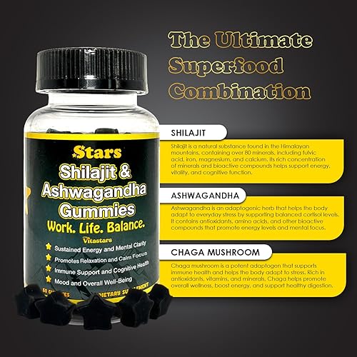 Miniatura 2 de Gomitas Shilajit & Ashwagandha, resina Shilajit y suplemento de apoyo inmunológico gomoso para hombres y mujeres, trabajo, vida, equilibrio,