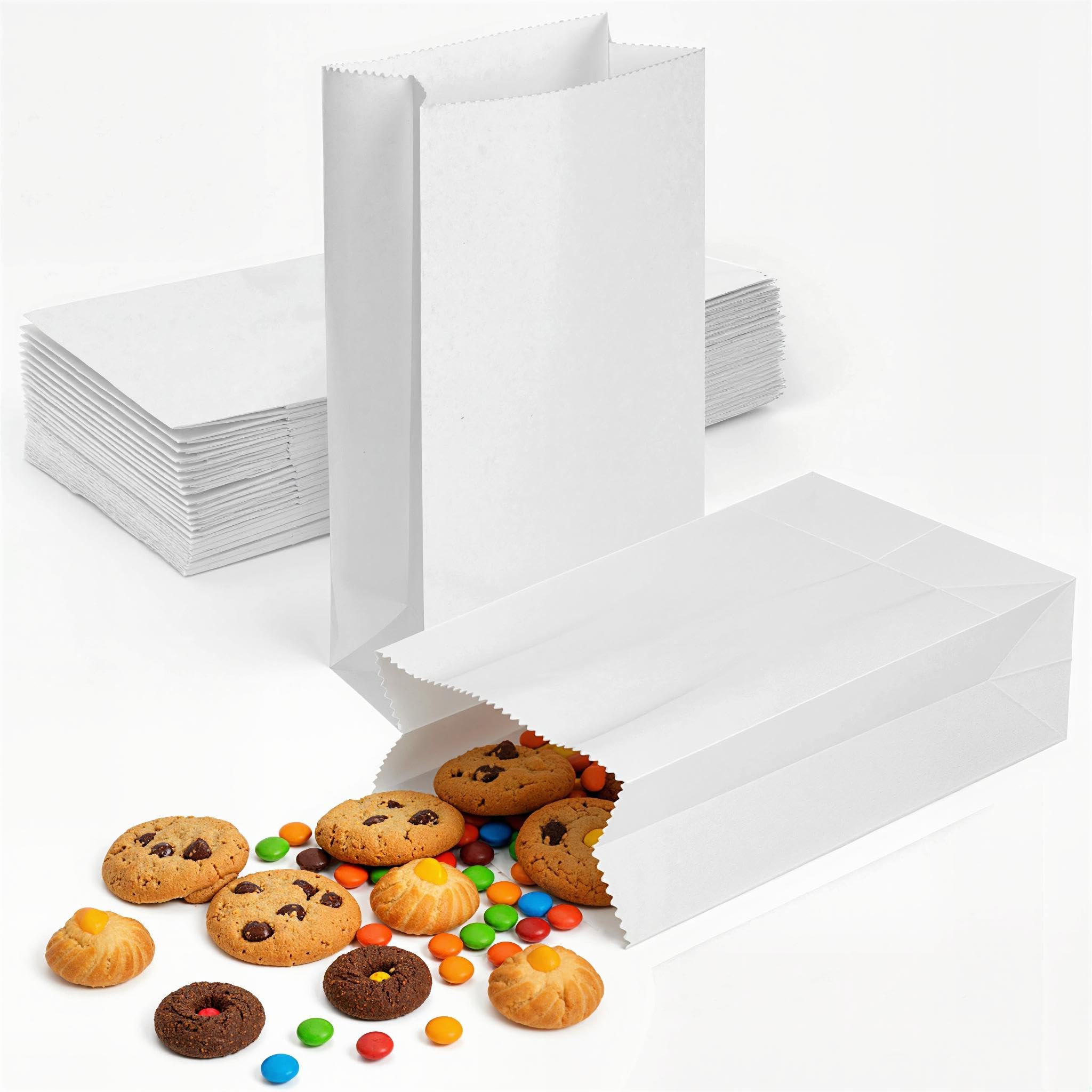 VGOODALL 50PCS Small White Paper Bags, 2 LB Goodie Bags for Party Favors, Crafts, Lunch, Snack, Candy, Cookies, 3.5 x 2.2 x 7 Inches