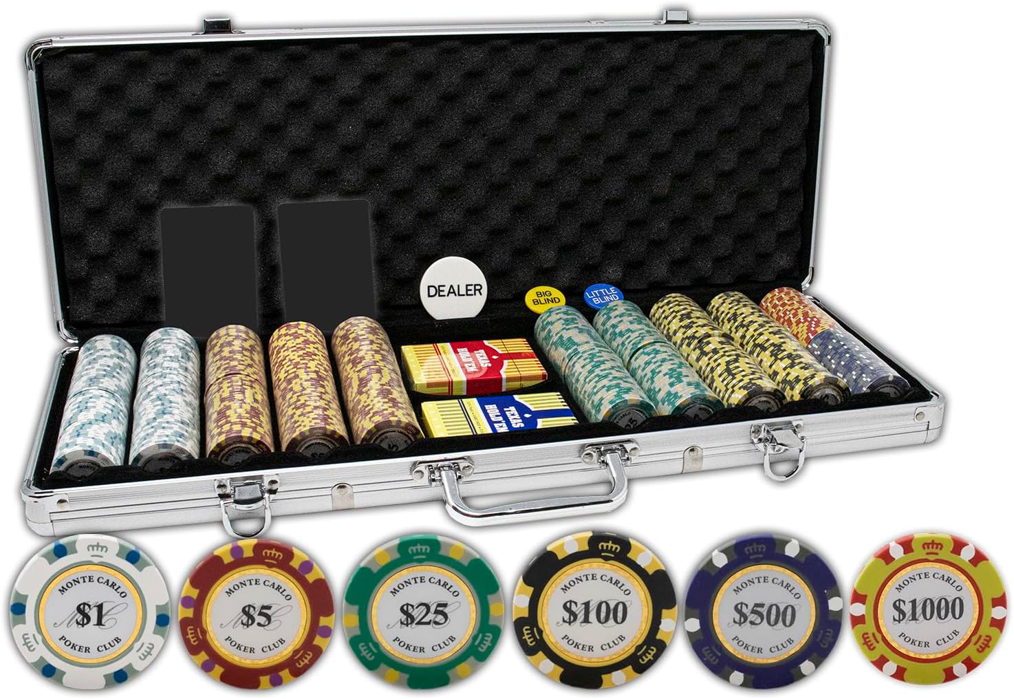 DA VINCI Monte Carlo Poker Club Set of 500 14 Gram 3 Tone Chips with Upgraded Aluminum Case, 2 Decks of Plastic Playing Cards, 2 Cut Cards, Dealer and Blind Buttons