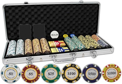 DA VINCI Monte Carlo Poker Club - Juego de 500 fichas de 0.49 oz y 3 tonos con funda de aluminio mejorada, 2 barajas de cartas de plástico, 2 cartas