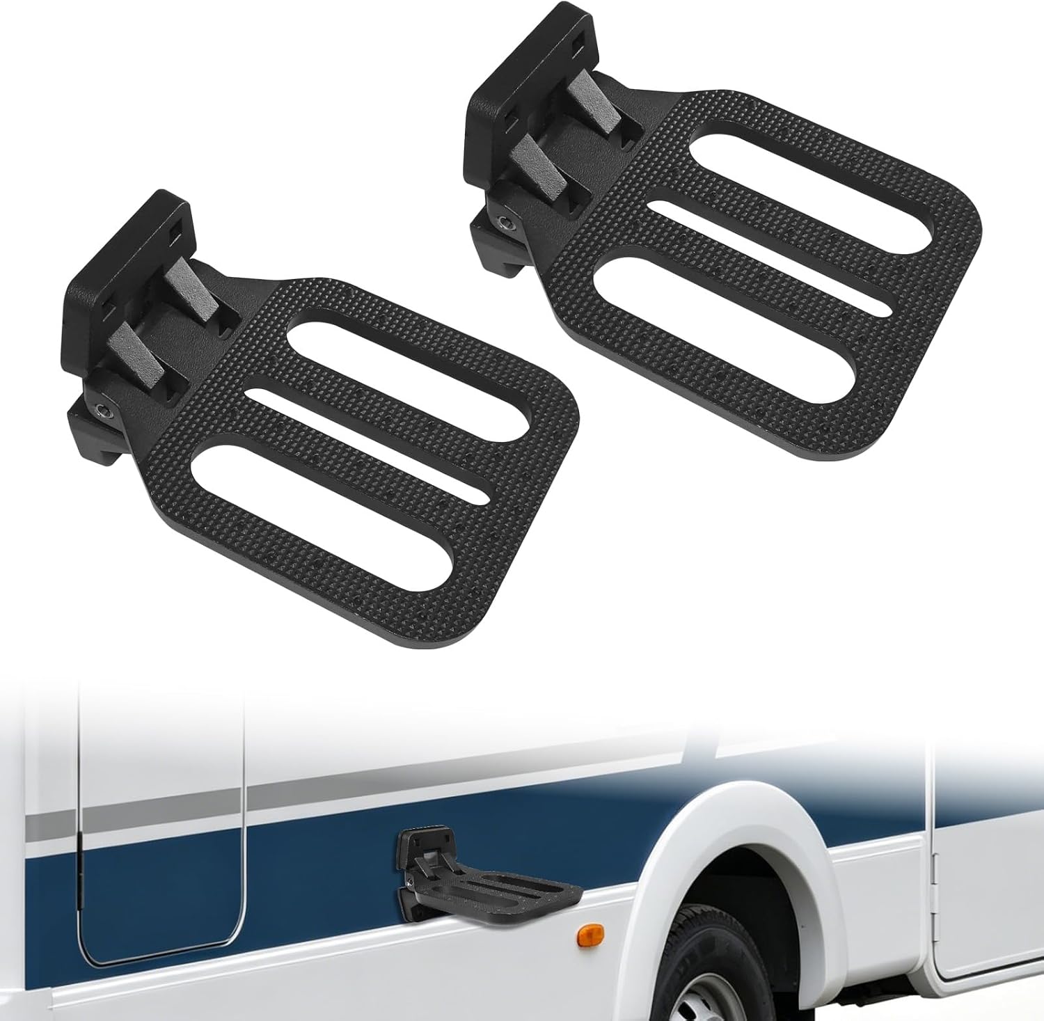 2pcs Large Folding Step for RV Truck Trailer Camper Van Boat Buses Vehicles Heavy Duty Steel Foldable Fold Down Step Black Bolt-On