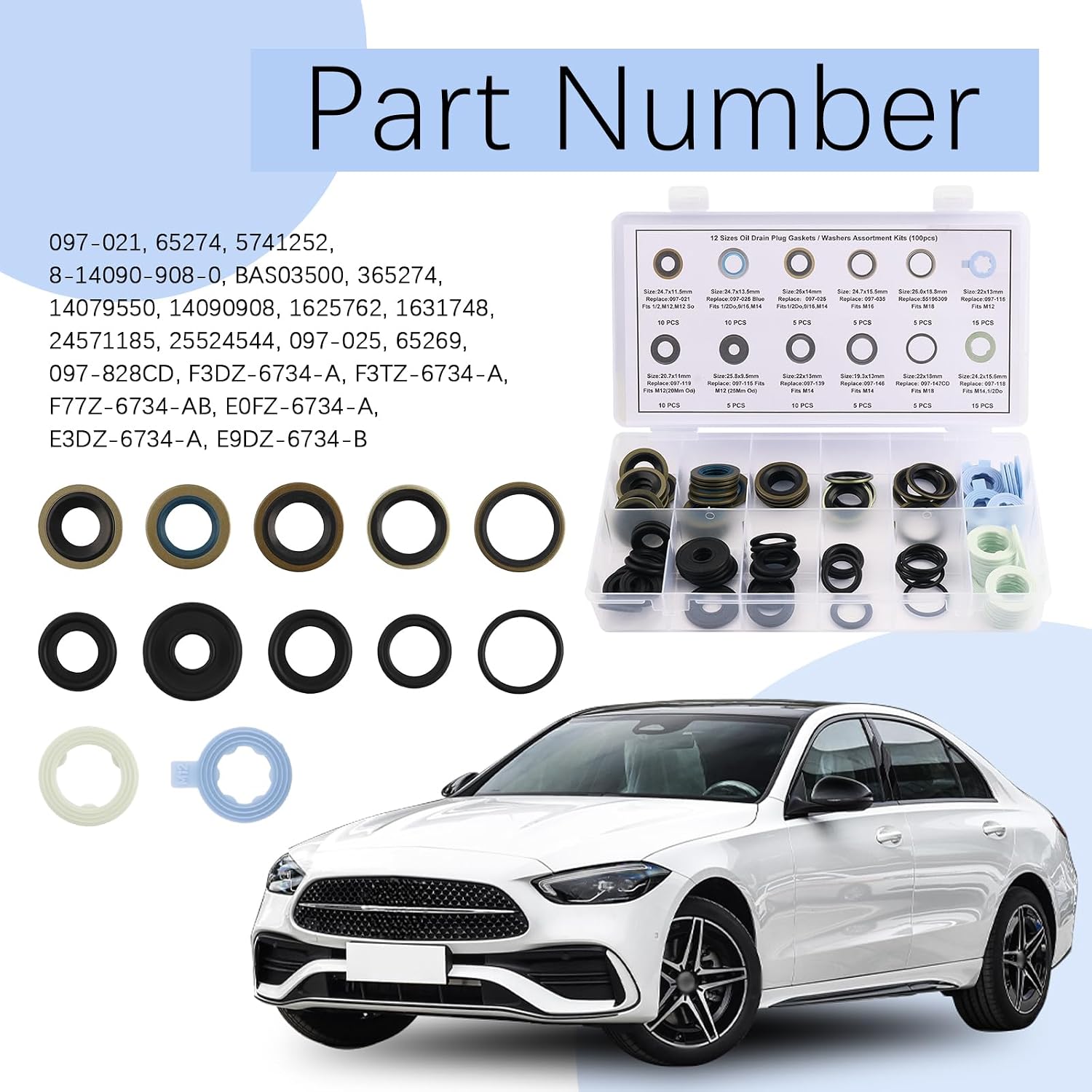 100PCS Oil Drain Plug Gasket Set,12 Sizes Metal Rubber Crush Washer Oil Drain Plug for M12 M14 M16 M18,OEM#097-021,097-025,097-035,BAS03510 Oils Pan Drains Plugs Gasket