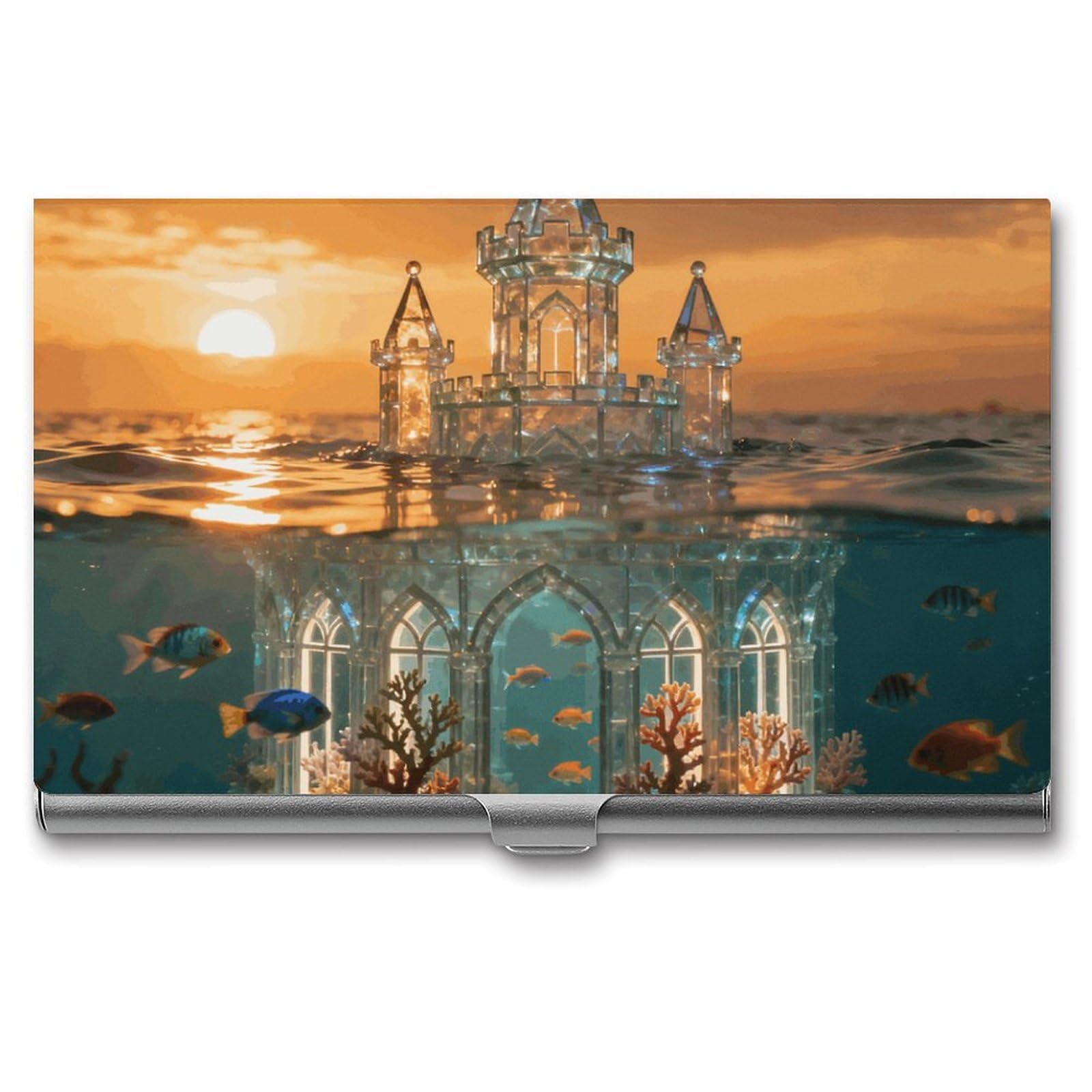 DWVTSLH Underwater Castle Business Card Holder, Slim Portable Metal Business Card Case Pocket Wallet Professional Name Cards Holder for 22-30 Cards, Credit Card ID Case/Holder for Men Women