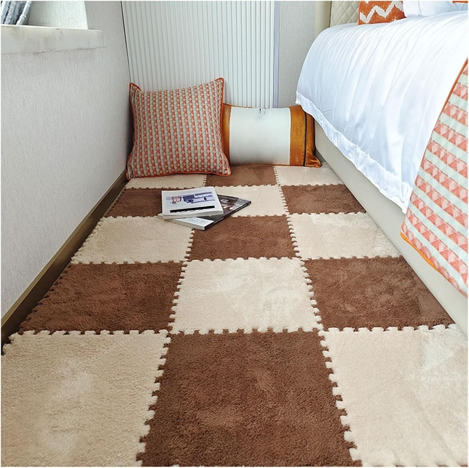 JvFbjLF Plush Foam Floor Mat 30pcs 30&60cm Square Puzzle Rugs Interlocking Foam Tiles(Brown+Dark Brown,30x30x0.6cm)