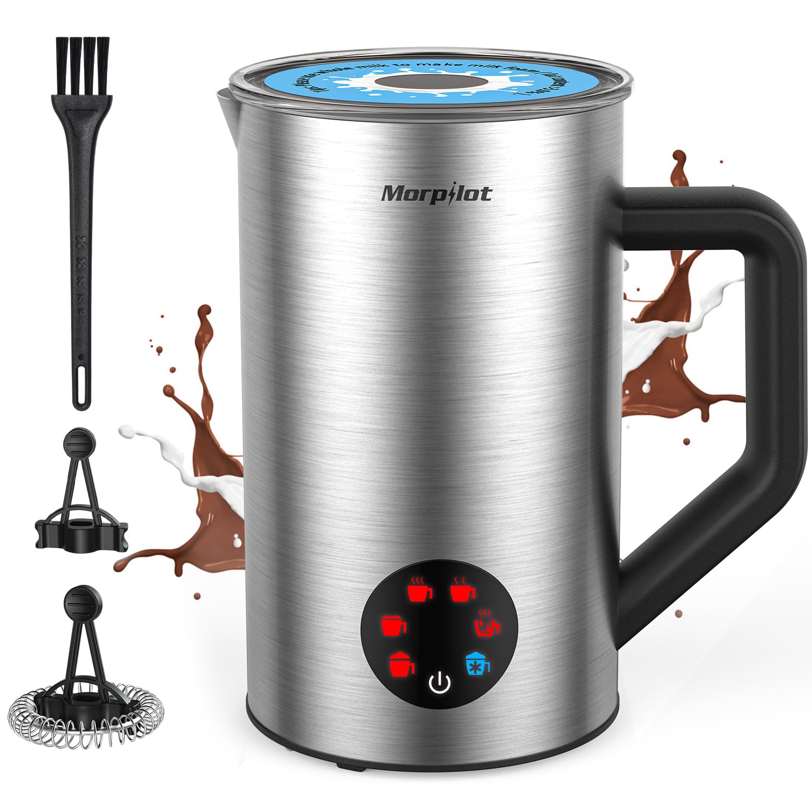 Morpilot Espumador de Leche Eléctrico, Milk Frother 6 en 1 para Leche Caliente y Chocolate, Espuma Caliente y Fría, 350 ml, 550 W, Acero Inoxidable