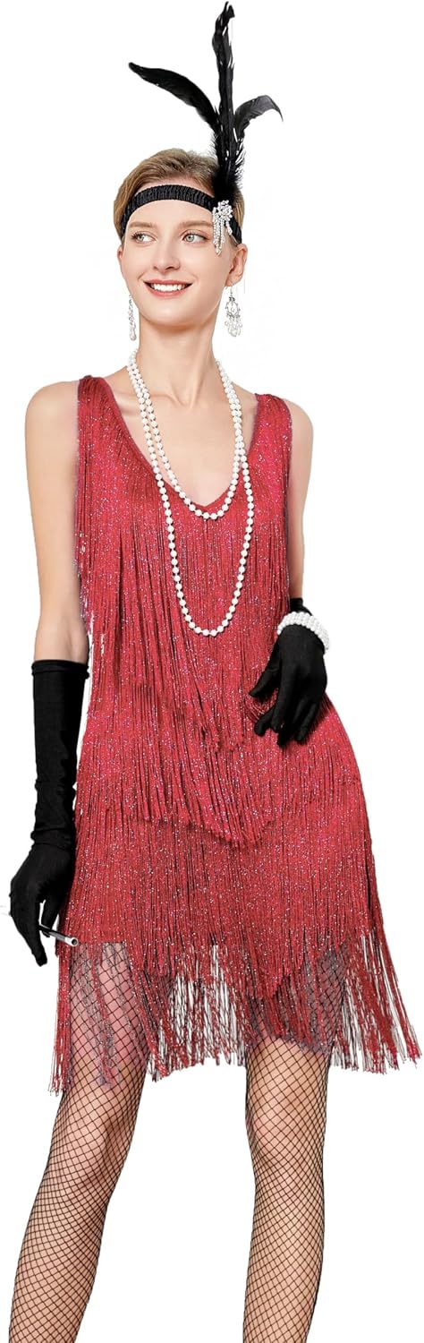 Women's 1920s Flapper Sequins Tassels Cami Sexy Cocktail Latin Dance Ballroom Dress w/ 20s Costume Accessories Set