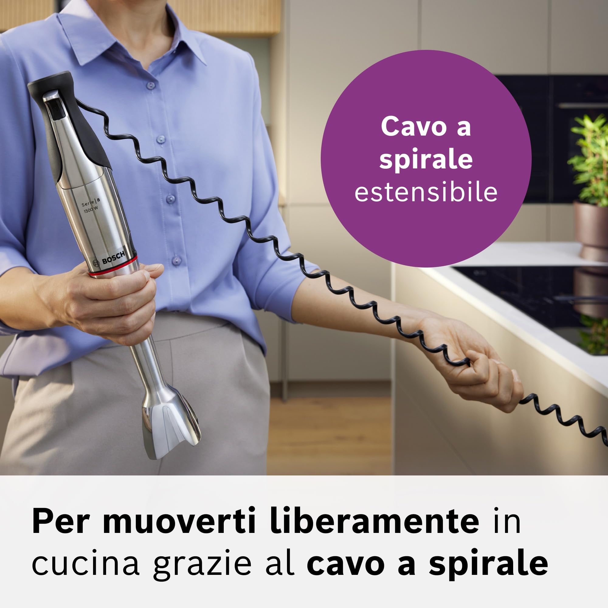 Bosch Serie 8 Frullatore a Immersione ErgoMaster MSM8M930, Potente Motore da 1500 Watt, Regolazione Dinamica della Velocità, Coltello a 6 Lame in Acciaio Inox, Accessori Inclusi, Acciaio Inossidabile