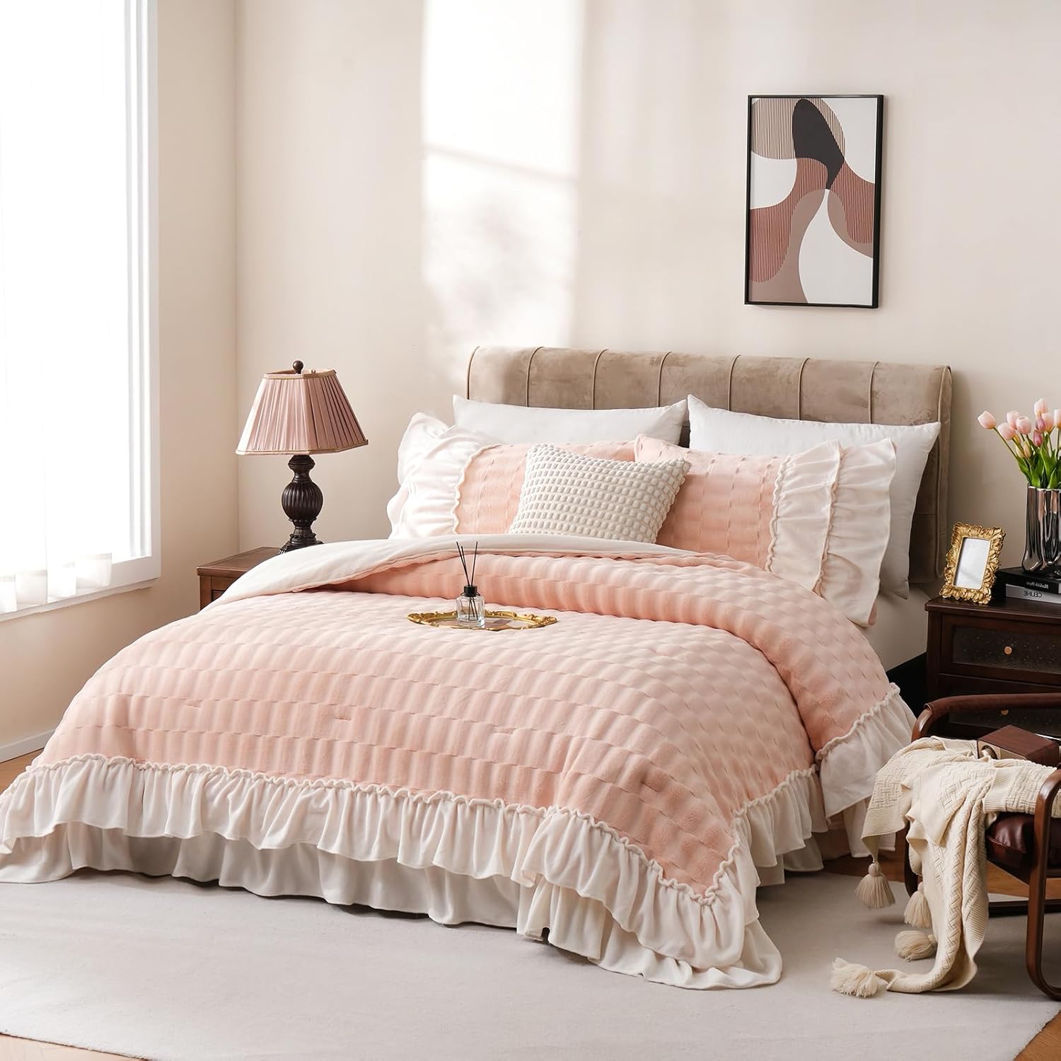 Bedding_Dreamer Faux Fur Comforter Set King Pink Fluffy Bedding Set Boho Ruffle Bed Home Decor Soft Fluffy Fuzzy Plush Diwn Comforter Pink Shaggy Quilt Set