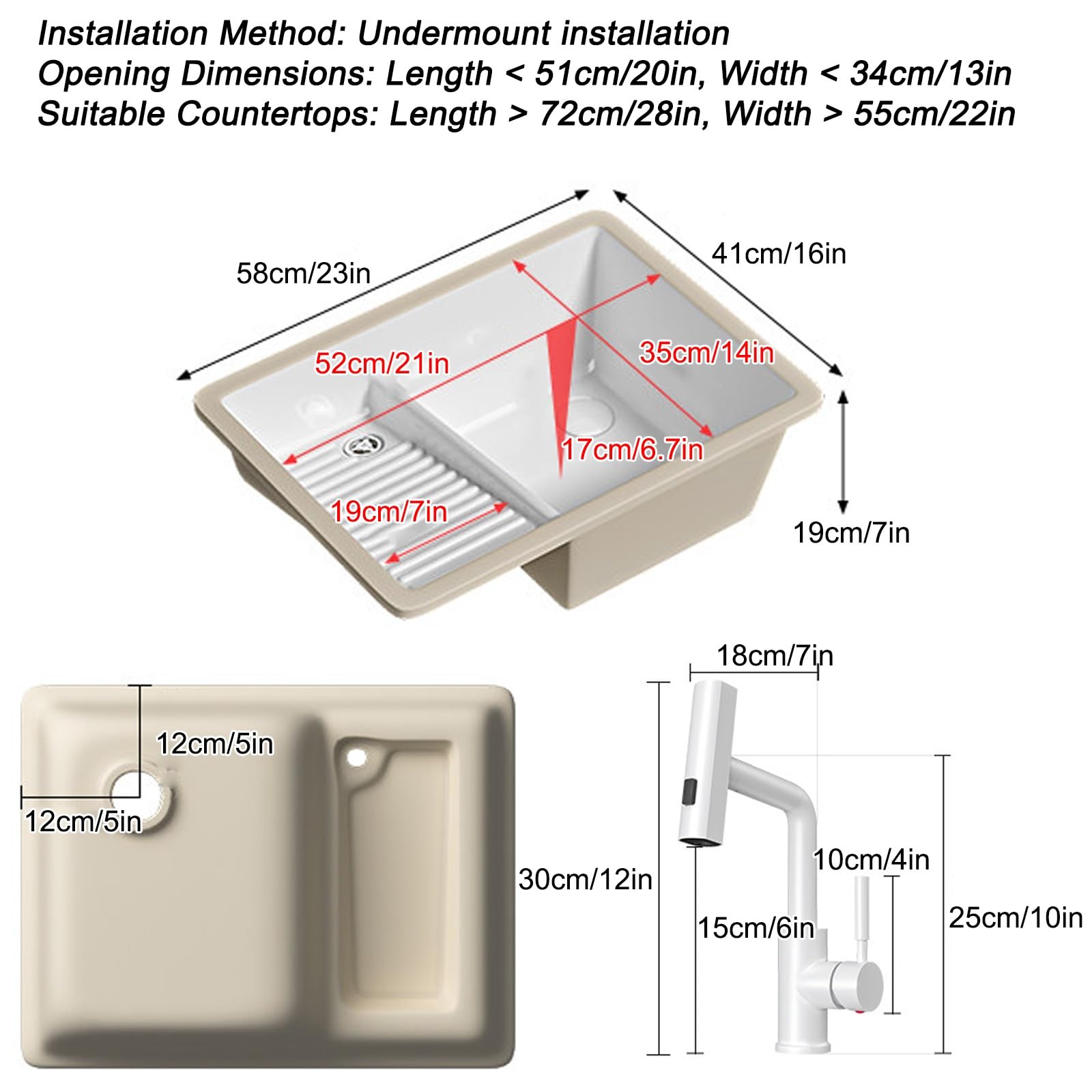 Fregadero de lavandería con grifo extraíble y tabla de lavado, lavabo de cerámica para lavandería, baño, balcón