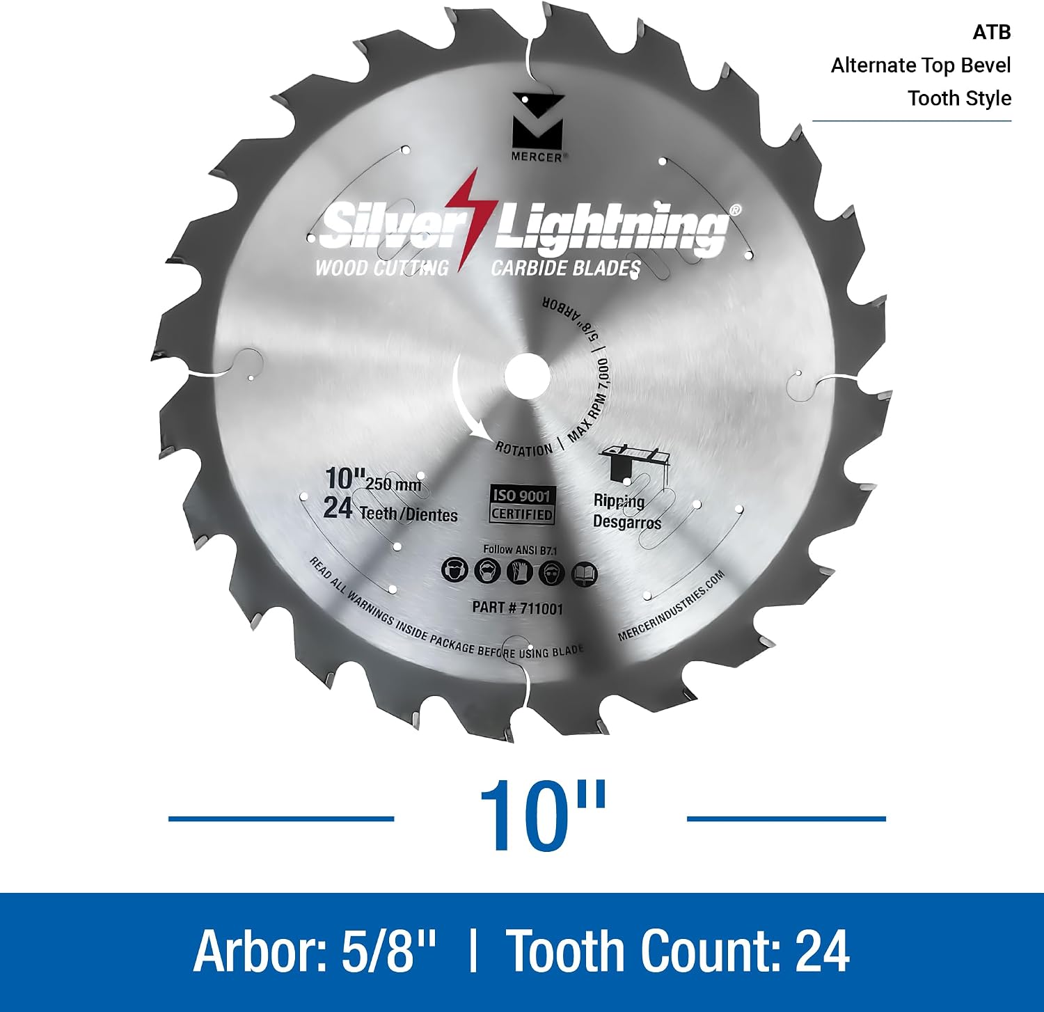 Mercer Abrasives 711001 24-Tooth ATB Carbide Wood Cutting Blade with 10-Inch Diameter and 5/8-Inch Arbor, Ripping