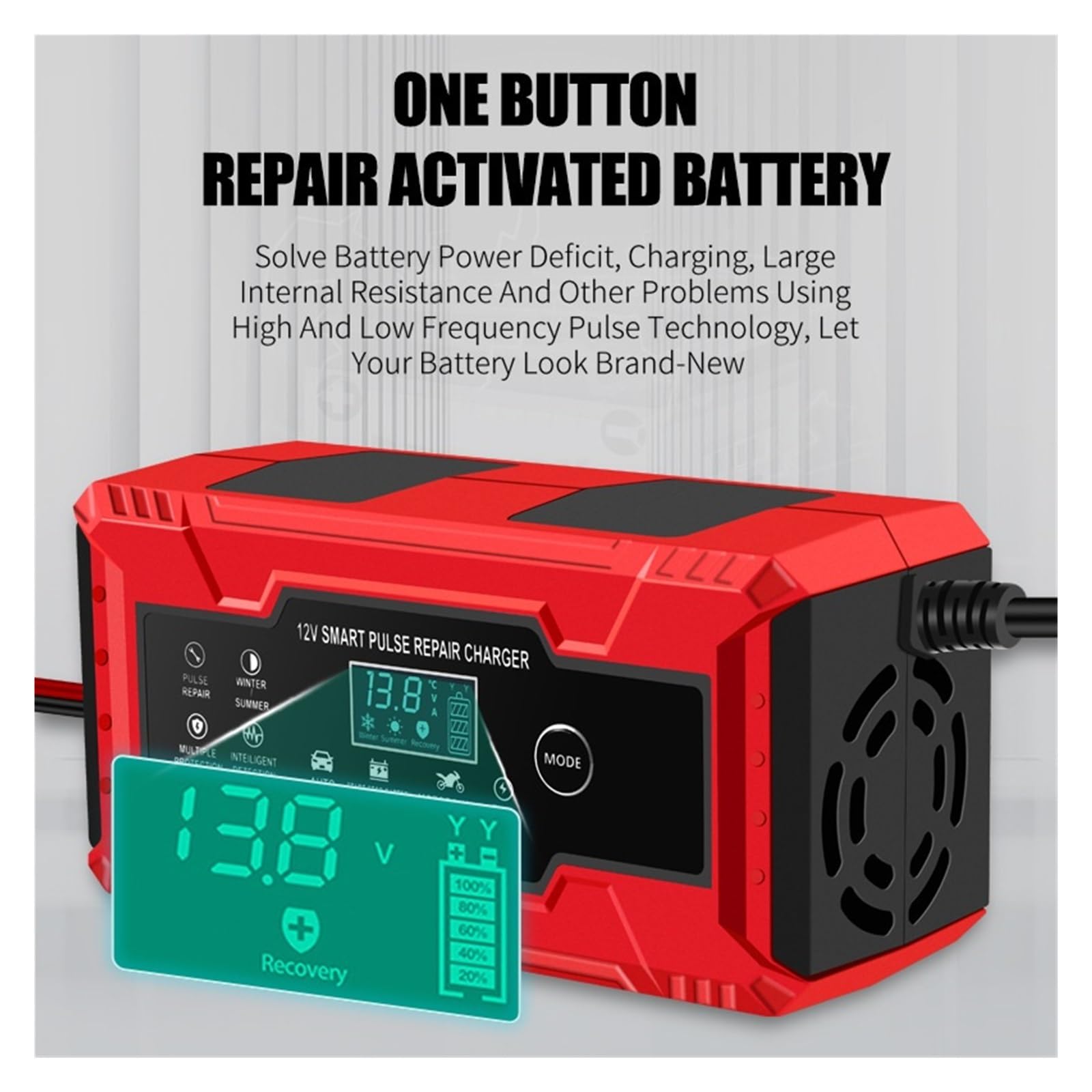 Ładowarka Samochodowa 6A 12V Inteligentna Automatyczna Szybka Moc Ładowania Naprawa Impulsów Mokry Suchy Kwasowo-ołowiowy Wyświetlacz LCD Do Motocykla Wydajne Szybkie ładowanie(Red)