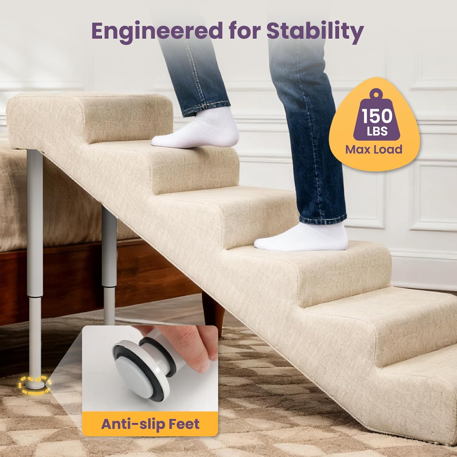 Leather Dog Stairs, 19.7" Extra Wide Dog Steps for Bed & Sofa, Adjustable Height 22.44"-32.28” Pet Ramp for Small to Large Dogs, Holds Up to 150 lbs（6-Step）