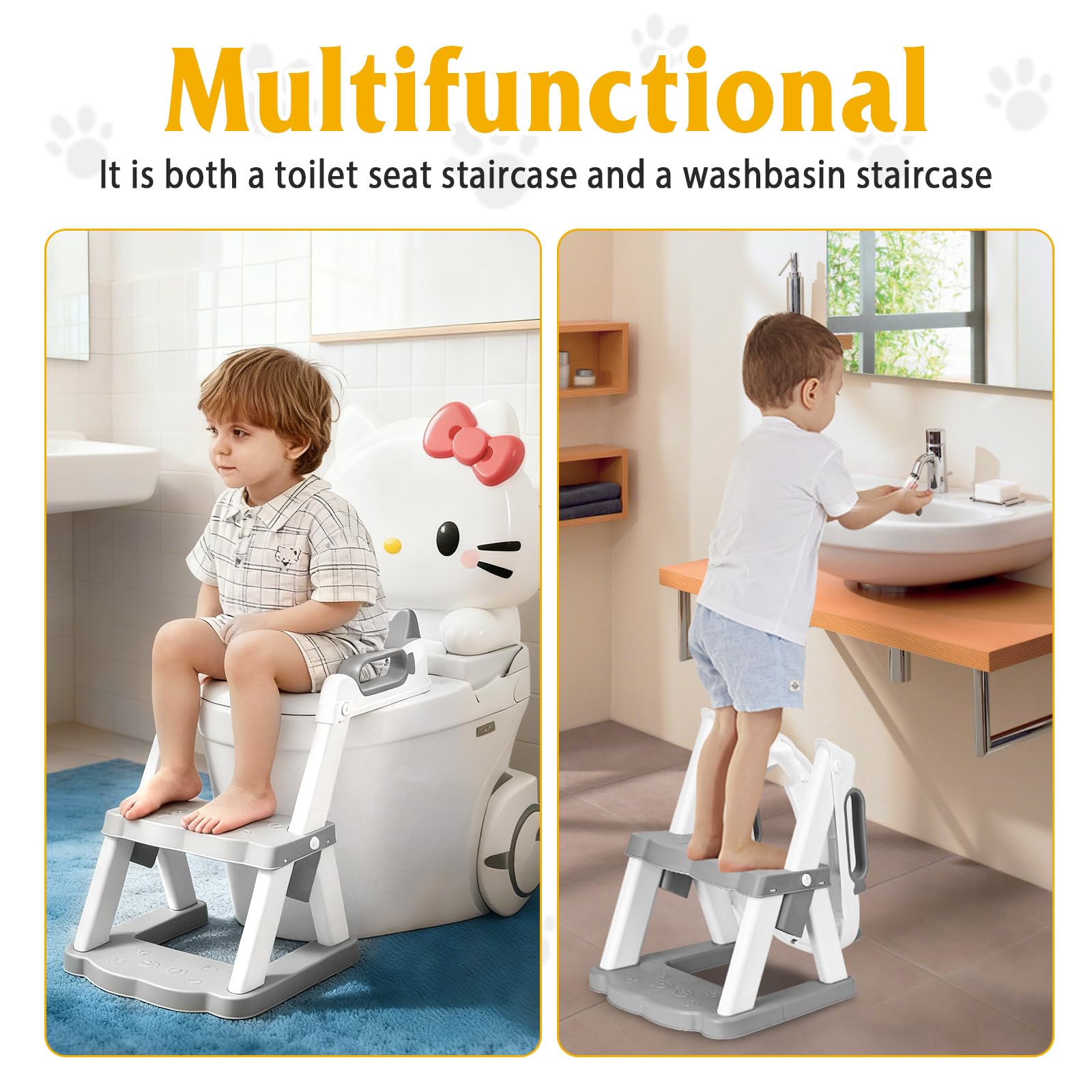 Riduttore WC Bambini con Scaletta, Stabilizzare Riduttore Water Bambini con Struttura Trapezoidale, 2 in 1 Pieghevole Adattatore WC per Bambini con PVC Morbida Seduta, Riduttore per Tazze WC a V, U, O