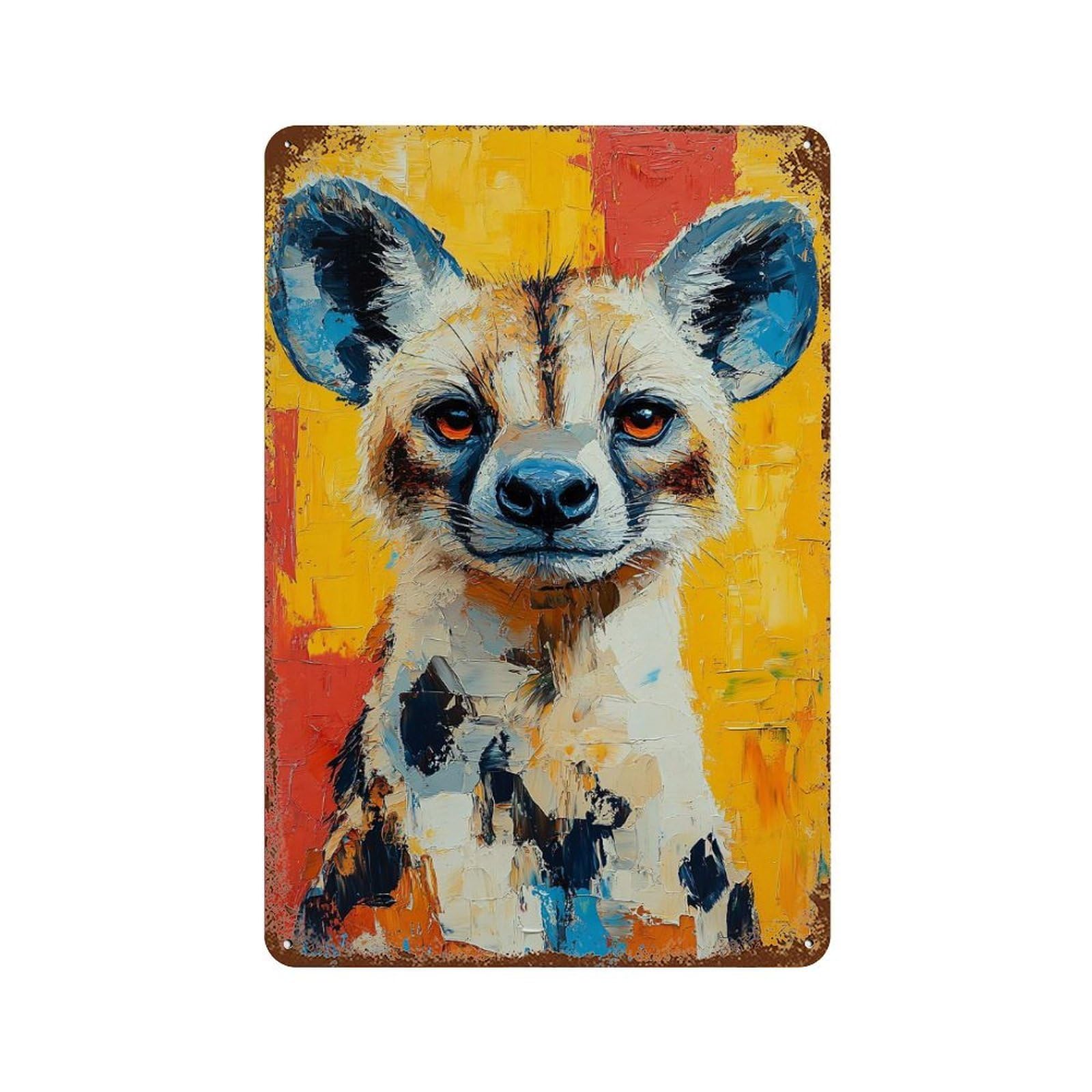 Weathered Tin Sign with Hyena Portrait Painting Design 11.8"x7.9", for Office, Studio And Wall Decor, Retro Wall Decor