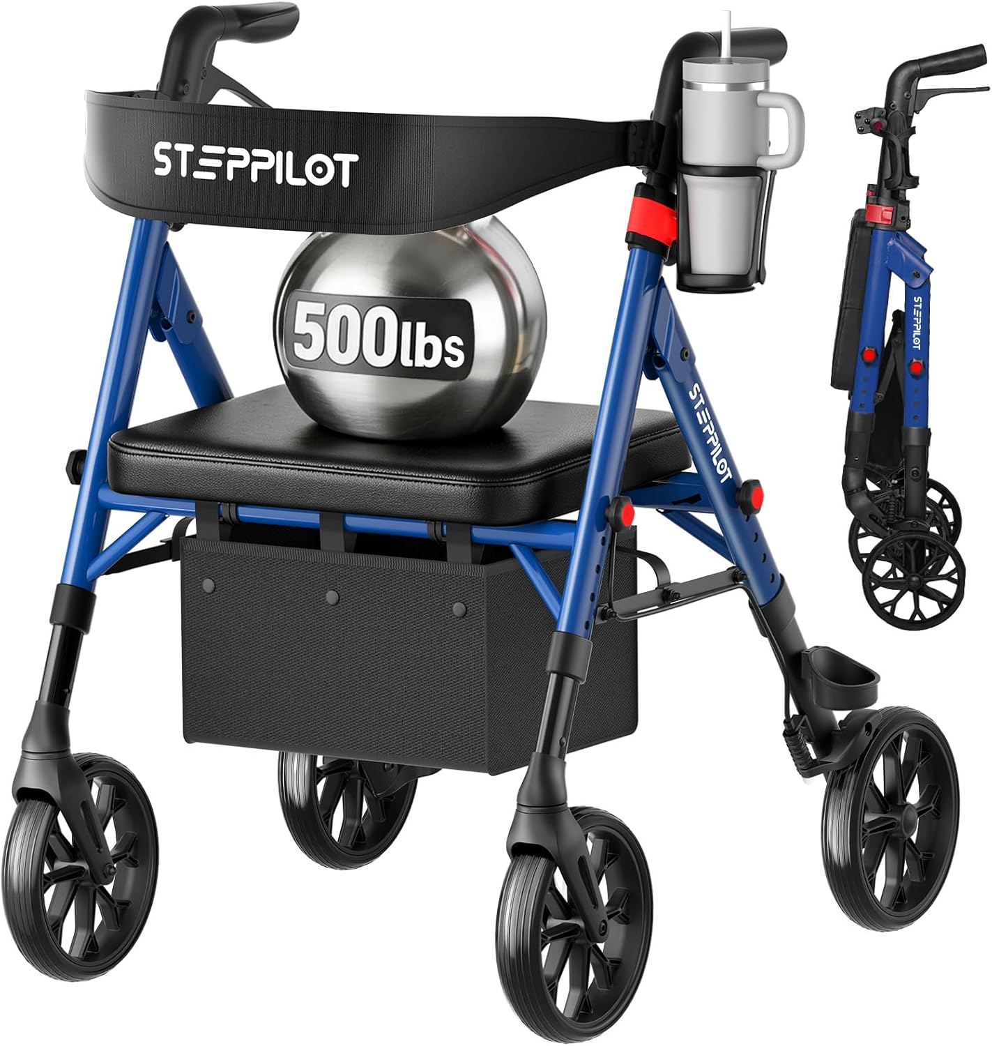 Bariatric Rollator Walker with Seat for Seniors, 500lb Capacity Aluminum Frame, Zero Wobble, 16lb Lightweight, 8" All Terrain Wheels, 10-Level Adjustable Handle/Seat, Cup Holder, Cane Clip