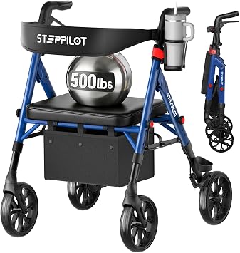 Bariatric Rollator Walker for Seniors, 500lb Cap, Zero Wobble | Lightweight 16lb Aluminum, 8" All Terrain Wheels, 10-Level Adjustable Handle/Seat, Cup Holder & Cane Clip, Tool-Free Assembly