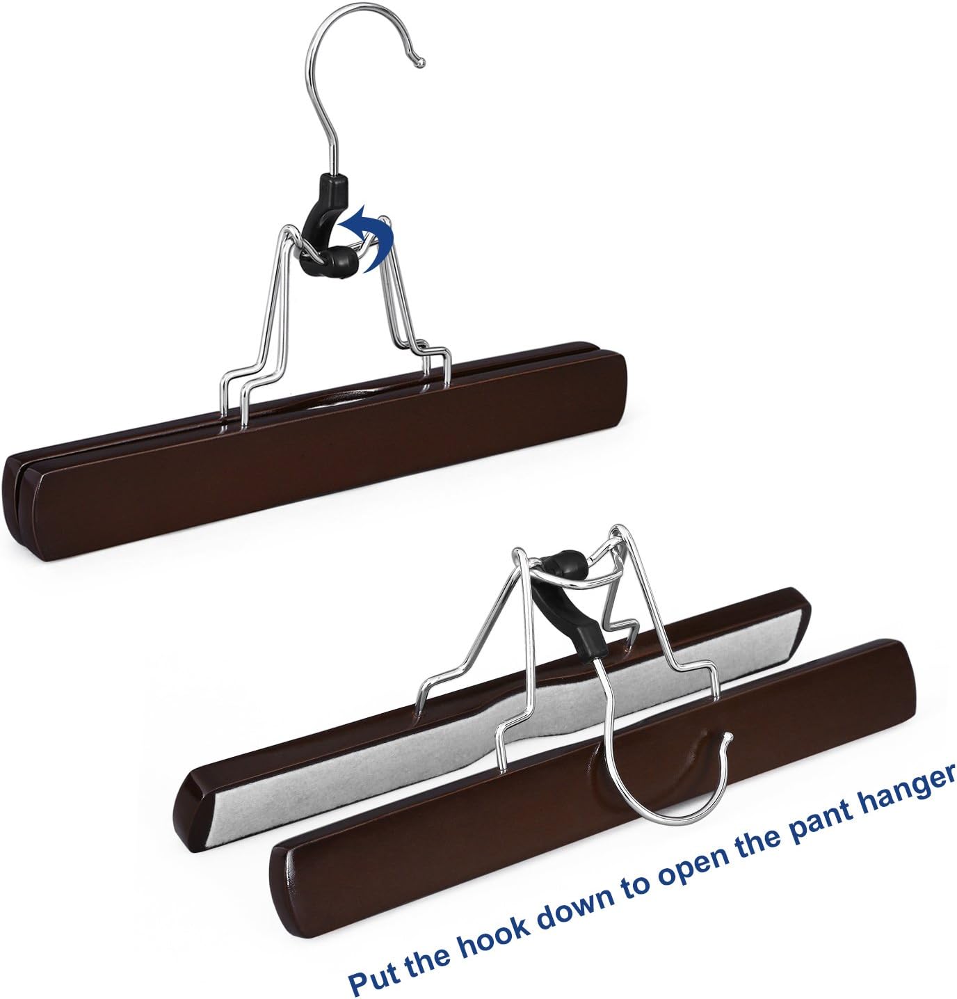 SONGMICS Pants Hangers, 12 Pack Solid Wood Anti-Slip Felt 360° Rotatable Hook Trouser Clamp Hanger, Brown UCRW07K-12