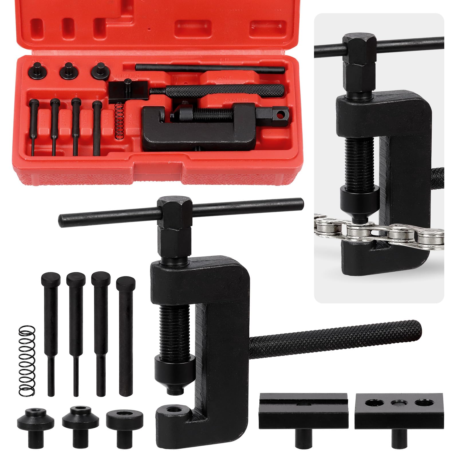 Swpeet Kit Surtido de 13 Piezas Cortacadenas para Motocicleta con Estuche de Transporte, Cortador de Cadena y Remachadora Herramienta de Extracción de Cadena para Motocicleta, Bicicleta, ATV