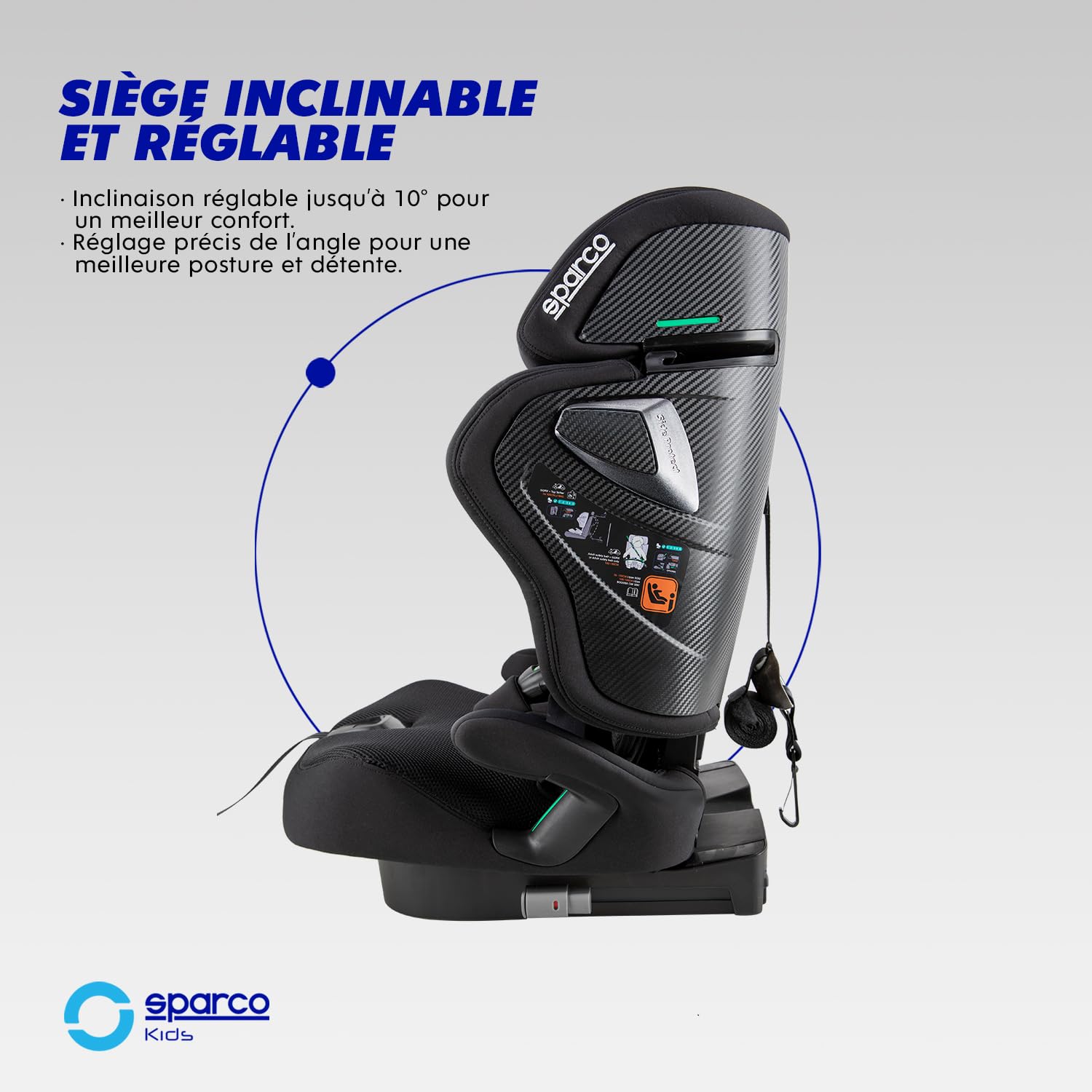 Siège auto Sparco i-Size SK8000IBK pour enfants de 76 à 150 cm, homologué ECE R129/04, avec ISOFIX et Top Tether, appuie-tête réglable, dossier rabattable et harnais à 5 points, couleur noire