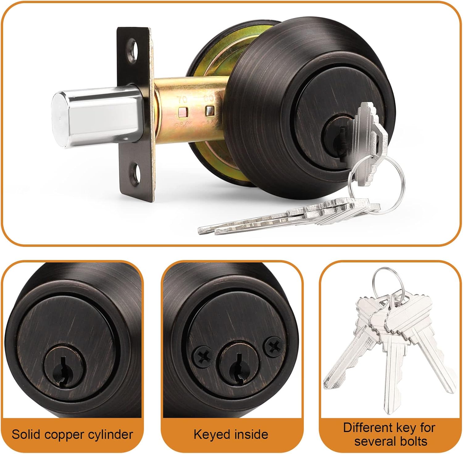 Probrico Oil Rubbed Bronze Round Double Cylinder Deadbolt Lock, Keyed Both Side Door Lock, Keyed Alike Combo 2 Pack