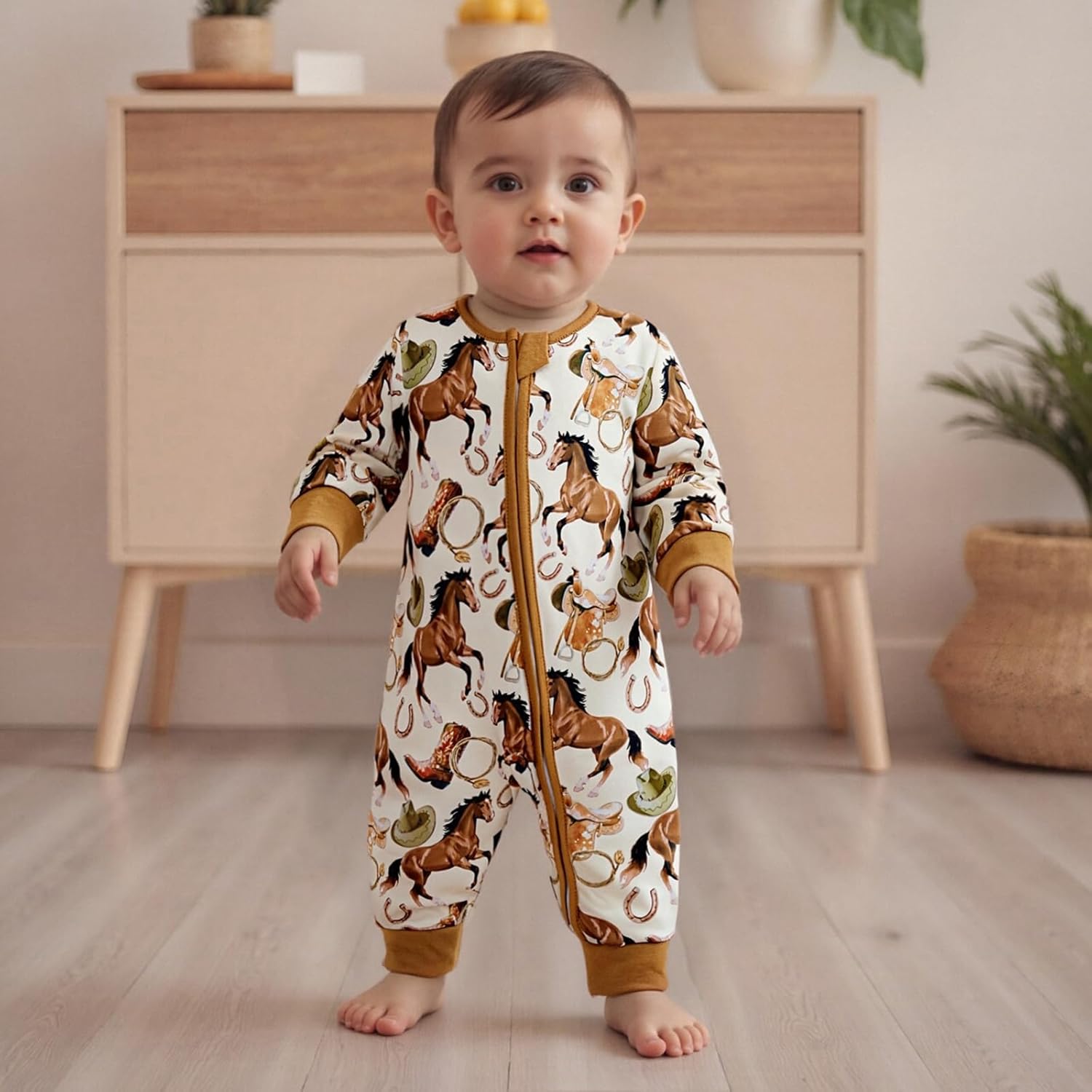 BULINGNA Baby Boy Girl Western Clothes Horse Print Long Sleeve Zipped Romper Jumpsuit One Piece Newborn Fall Winter Outfit - Image 2