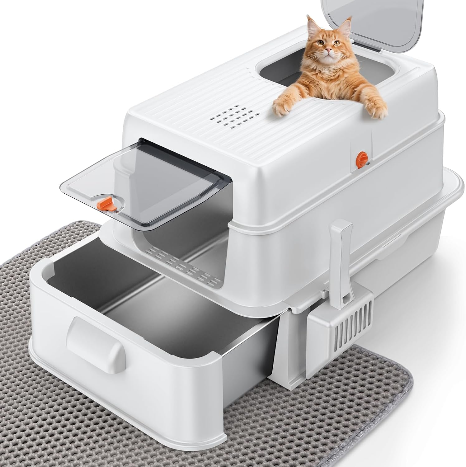 FURTIME Stainless Steel Litter Box with Lid, XL Extra Large Cat Litter Box for Big Cats, Enclosed Drawer Metal Litter Boxs with High Sided Enclosure & Mat, Front & Top Entry, Odor Free, Anti-Leakage Silver