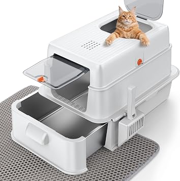 FURTIME Stainless Steel Litter Box with Lid, XL Extra Large Cat Litter Box for Big Cats, Enclosed Drawer Metal Litter Boxs with High Sided, Include Scoop & Mat, Front & Top Entry, Odor Free, Non-Stick