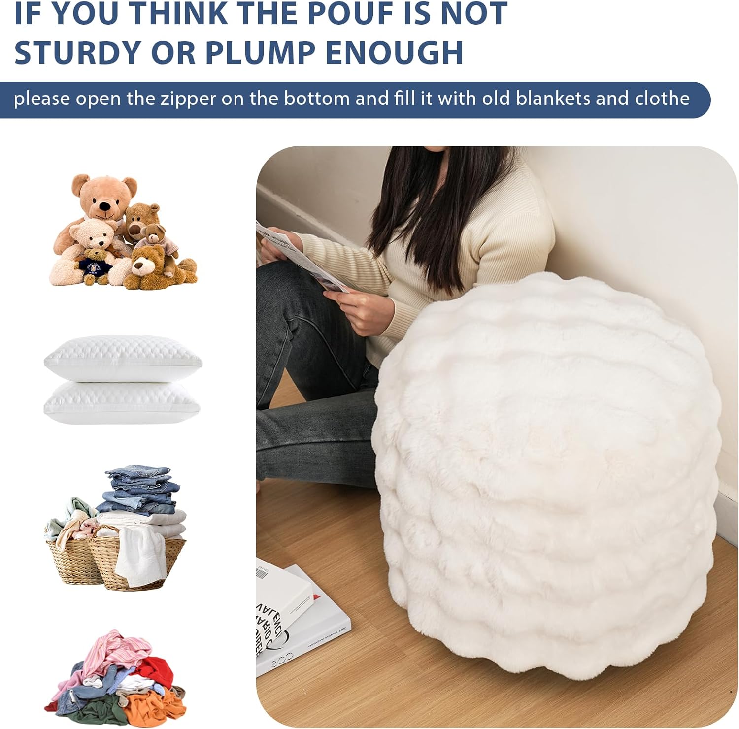 Round Stuffed Pouf Ottoman with Foam Chunk Filling, Furry and Fluffy Pouf Foot Stool Storage Ottoman, 20 X 15 Floor Poufs Foot Rest for Living Room Bedroom Home Decor, Beige
