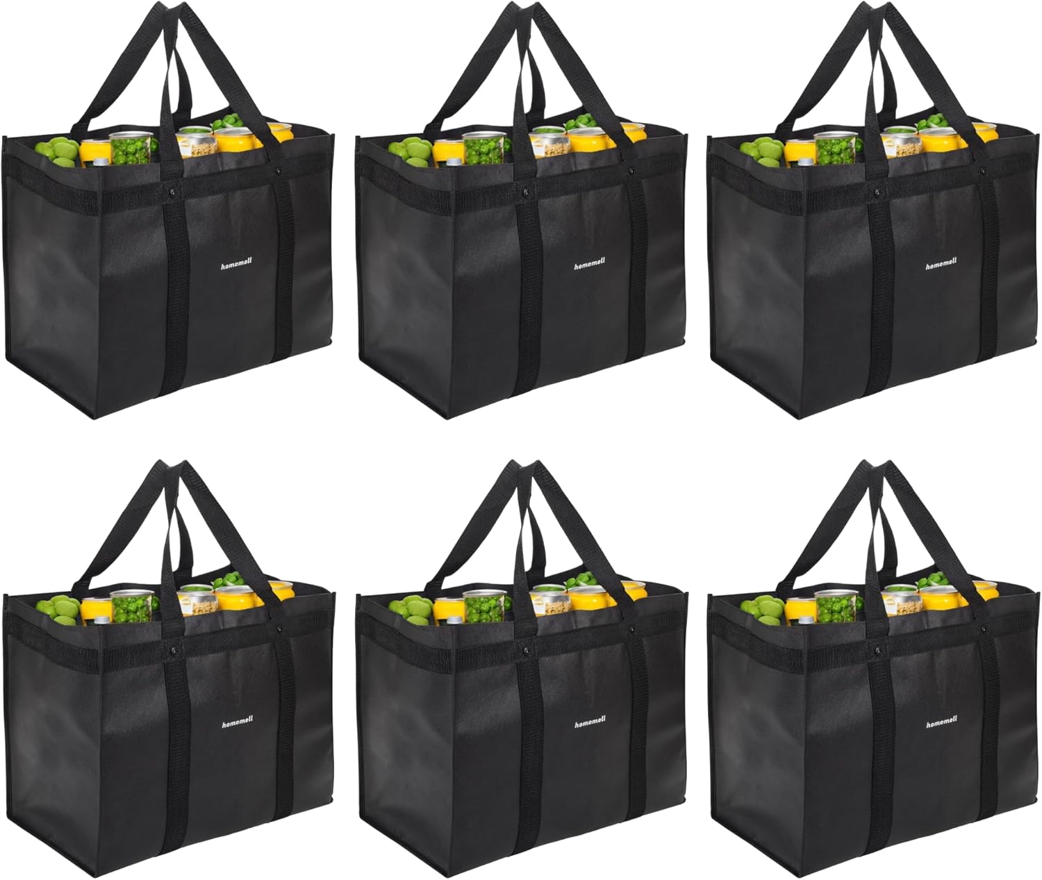 Homemell Heavy Duty Reusable Grocery Bags, Large Collapsible Tote Bag Holds 100 LBS, Extra-Strength Premium Material (Black, 6-Pack)