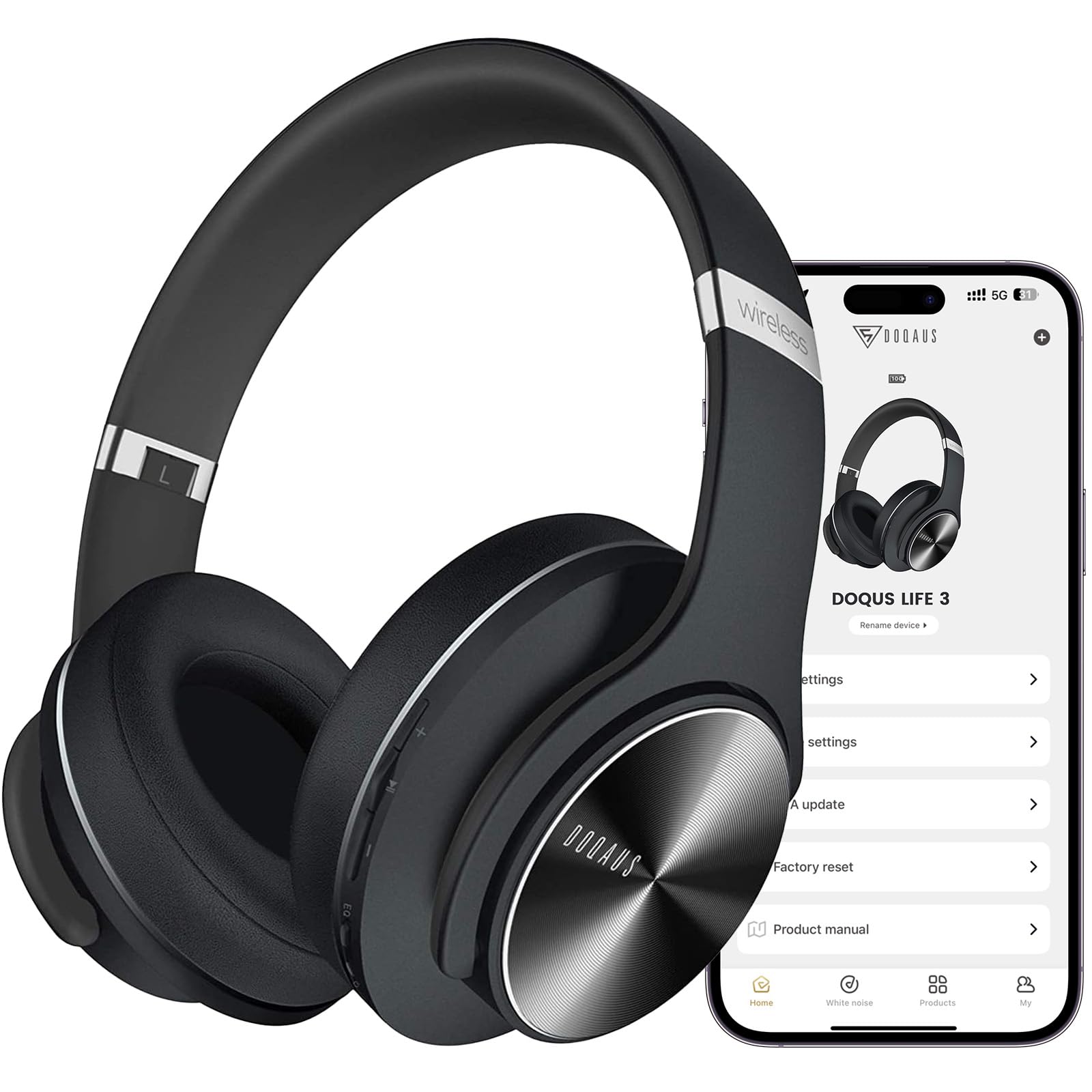 DOQAUS Bluetooth Headphones Over Ear, 90H Playtime Wireless Headphones with App Control, 9 EQ, Deep Bass, HiFi Stereo Sound, Headset for Travel Commute Gym and Study, Foldable Memory Foam