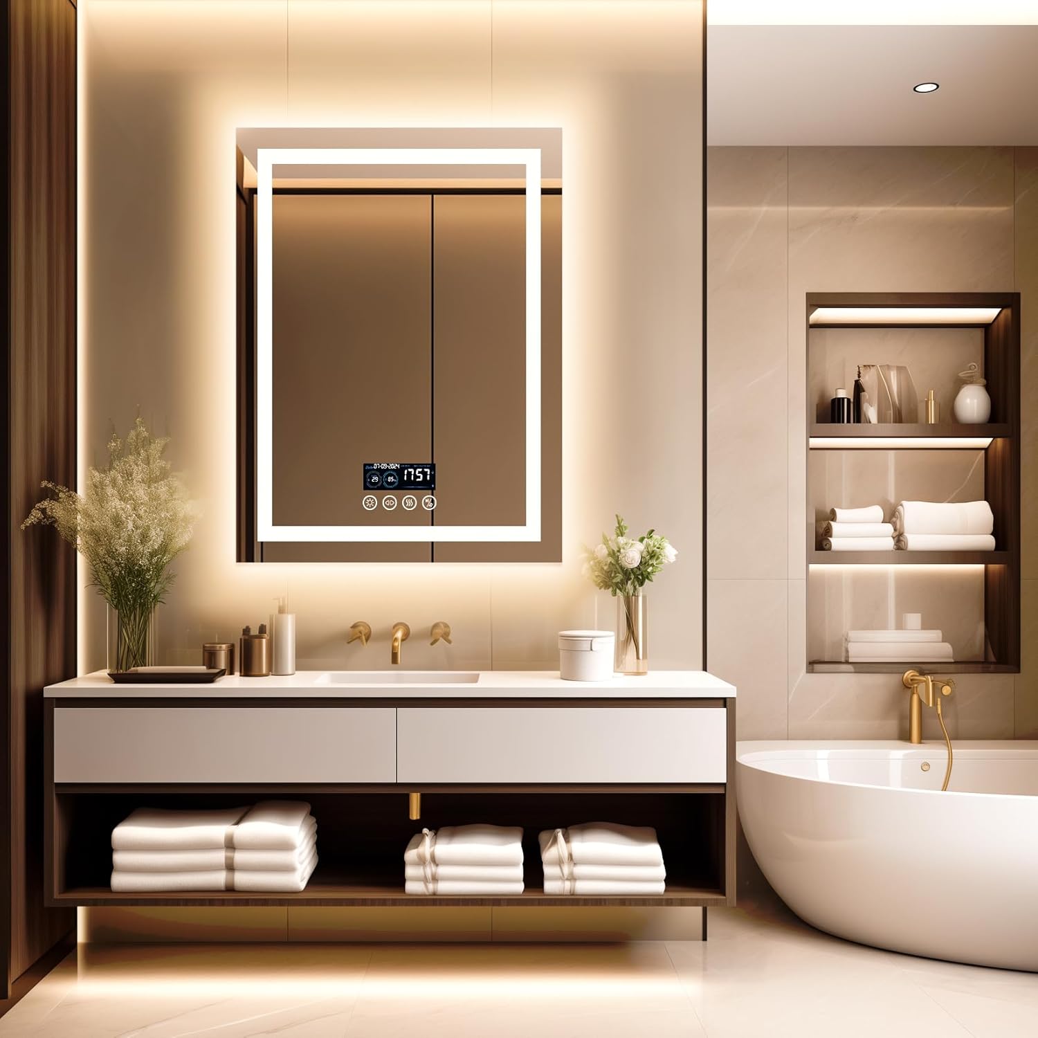 luvodi smart led bathroom mirror: 28”x36” illuminated restroom mirror with bluetooth speaker and time temperature display - modern hd wall dimmable vanity mirror backlit + front lit,anti-fog 35.4"l x 27.6"w led bathroom mirror (3 light modes)