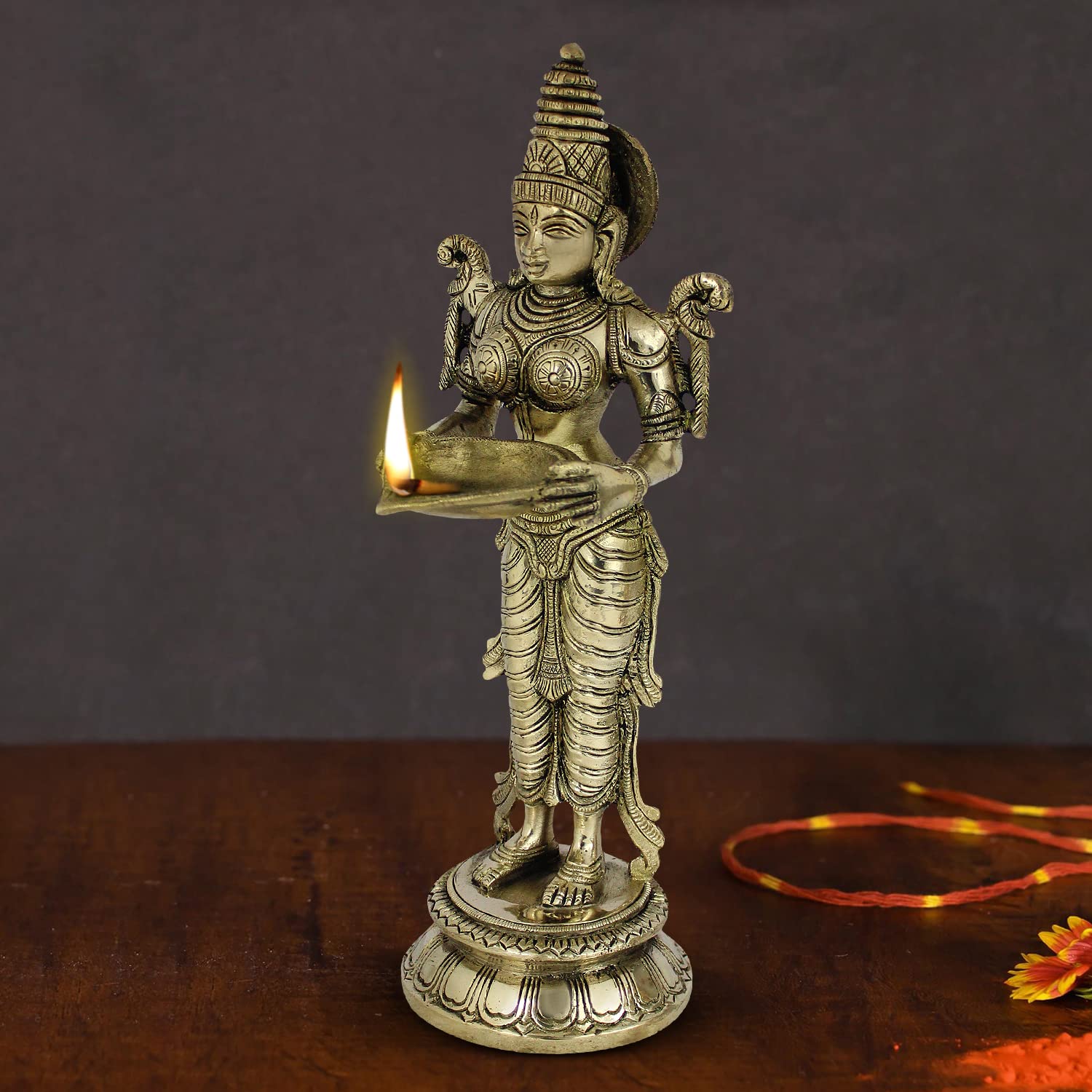 ARTVARKO Brass Deep Lakshmi Deep Lamp Lady Diya Lady Standing with Lamps Deep Laxmi Statue Deep Lady Religious Showpiece 11.5 Inch.