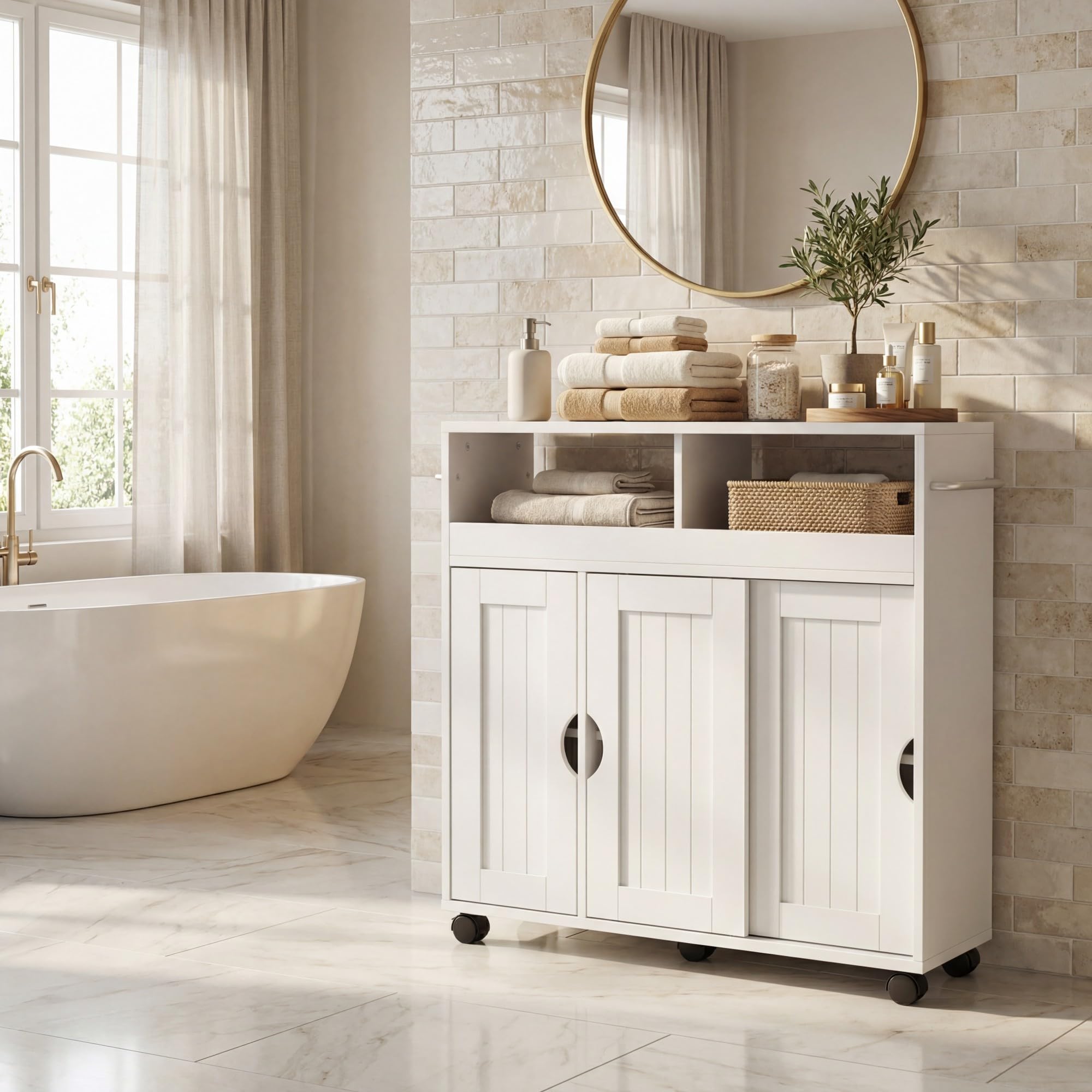 LIFEZEAL Nischenschrank, Badezimmerschrank schmal mit offenen Ablagen, Schrank & Schiebetüren, Nischenwagen mit verstellbarem Einlegeboden, Badrollwagen für Bad, Küche, 75 x 20 x 72 cm, Weiß