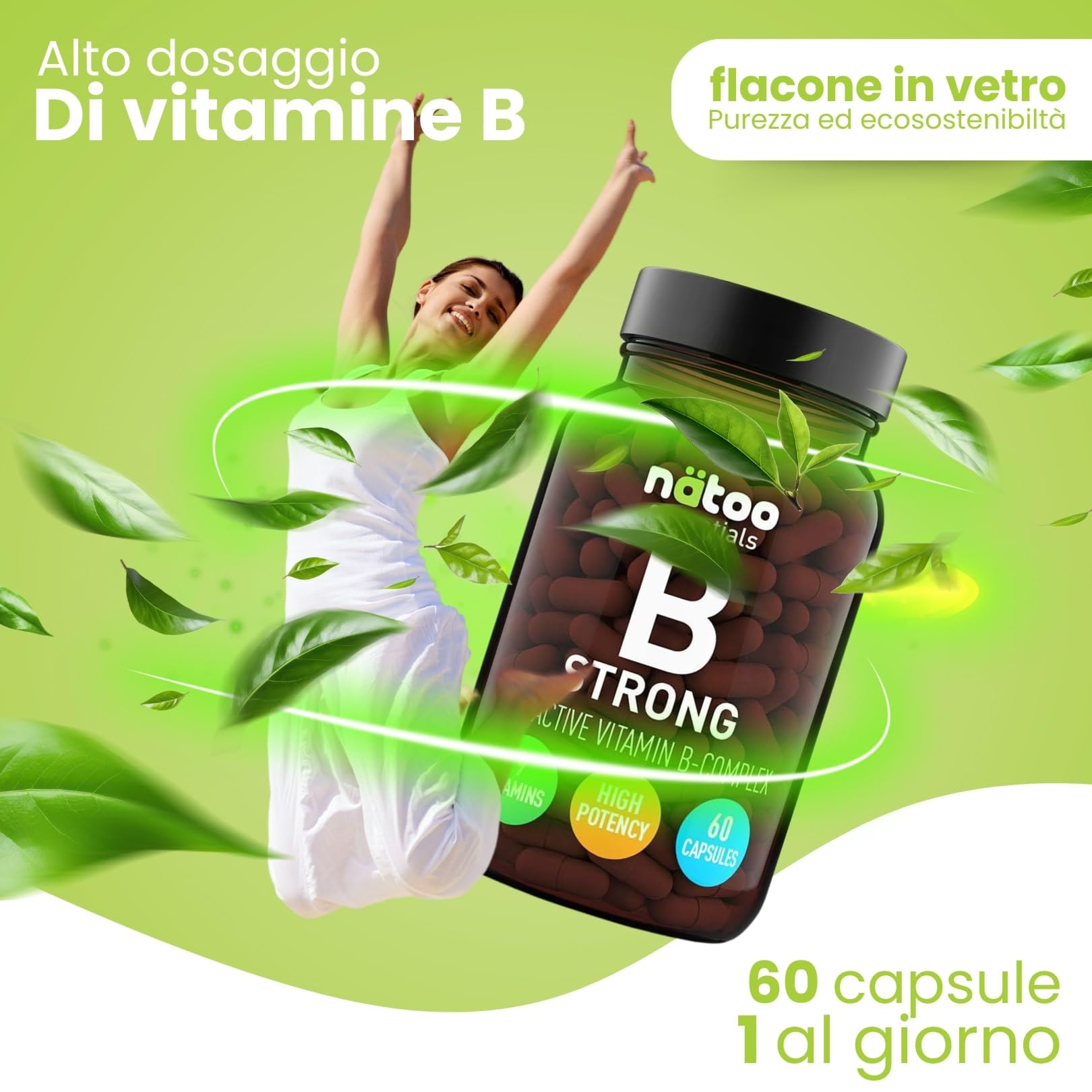 NÄTOO Vitamina B Complex Strong 60 Capsule con Vitamina B1, B2, B3, B6, B9, Colina, B7, B8, B12, nella loro Forma Bio-Attiva, 2 Mesi di Fornitura