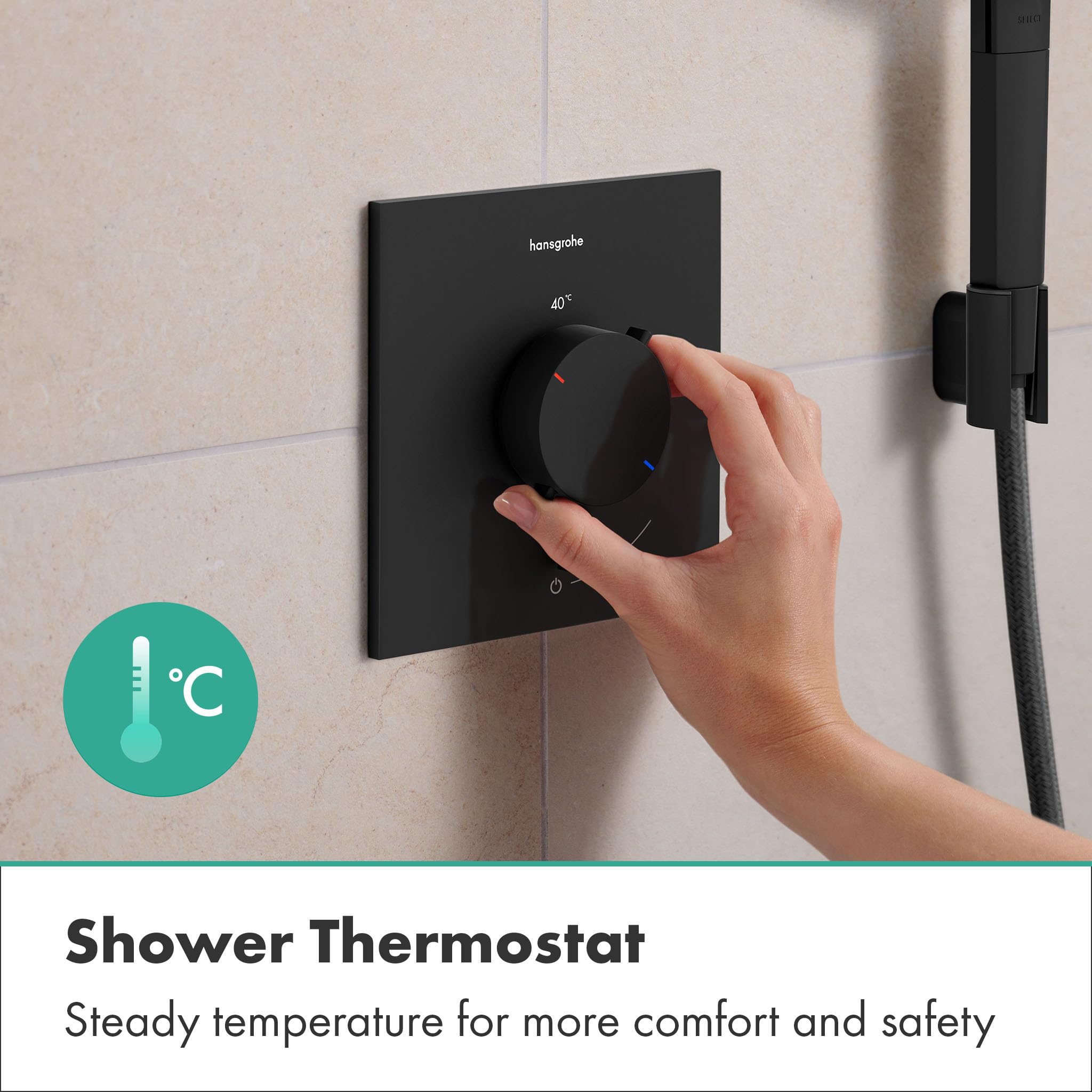 hansgrohe Ecostat Comfort E - termostato para ducha empotrado, grifo ducha con botón de seguridad (SafetyStop) a 40 °C, mezclador para 1 función, negro mate, 33710670