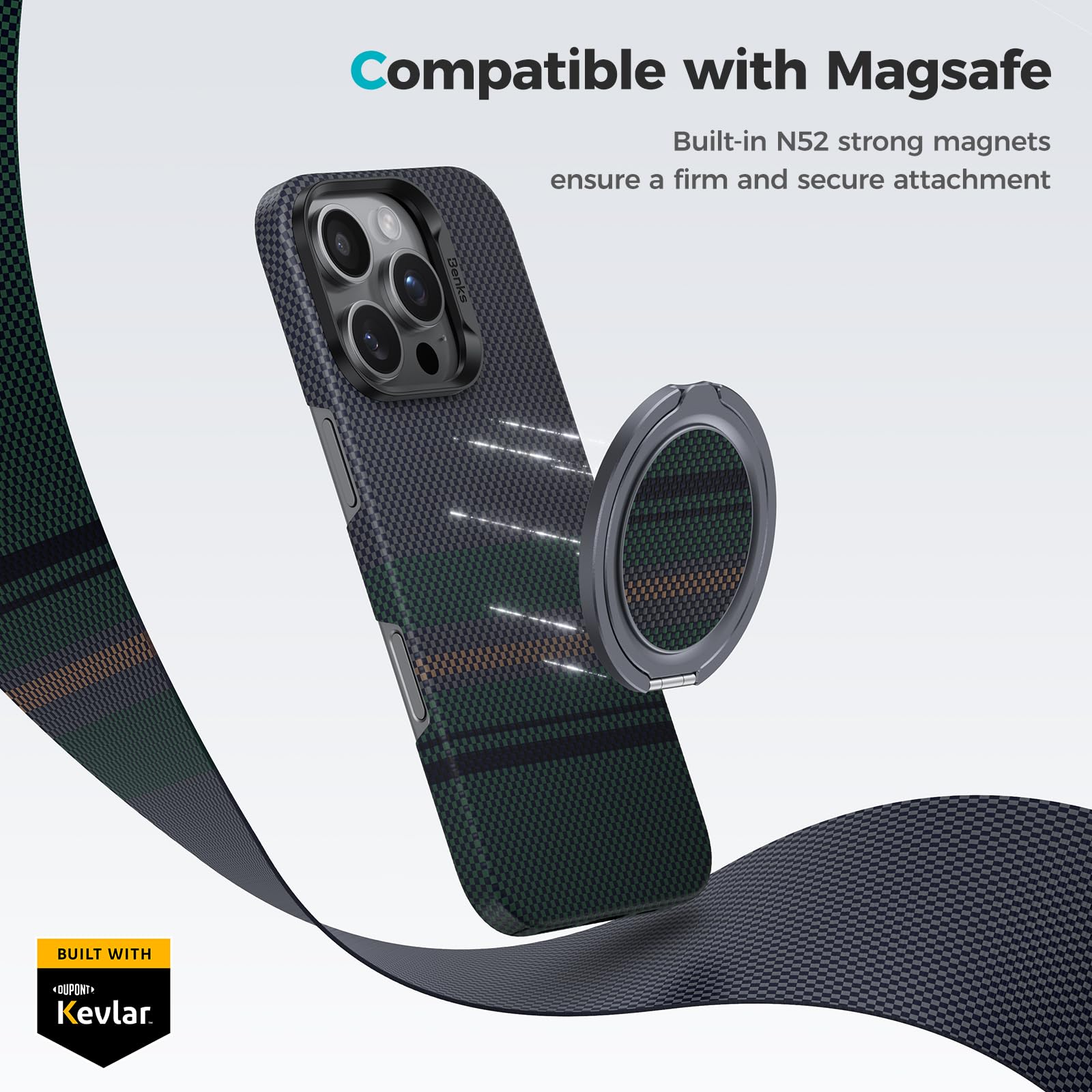 BENKS Magnetyczny pierścień do telefonu kompatybilny z MagSafe, stojak i uchwyt 2 w 1, obrót 360°, uchwyt 180°, pierścień kevlarowy z paskiem, ergonomiczny uchwyt do iPhone'a 17/16/15/14/13/12 Pro Max