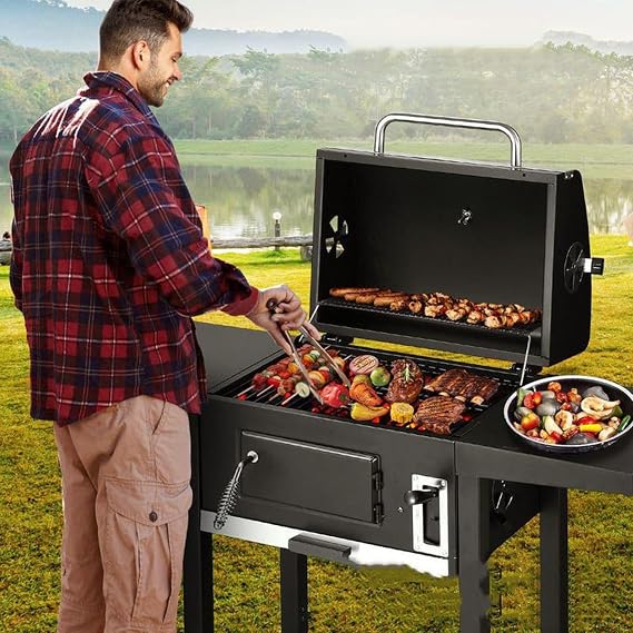 Charcoal Grill Offset Smoker, Outdoor BBQ Grill with 2 Side Tables, with Damper Smoke Control, Thick Iron Steel & Dual Chamber Design, Thermometer & Chimney