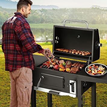 Charcoal Grill Offset Smoker, Outdoor BBQ Grill with 2 Side Tables, with Damper Smoke Control, Thick Iron Steel & Dual Chamber Design, Thermometer & Chimney
