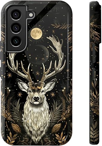 Art Deer Moon Phone Case for Samsung Galaxy S22, Dual Layer Shockproof Rugged Cover with Soft TPU + Hard PC, Anti-Scratch Slim Fit Wireless Charging Compatible