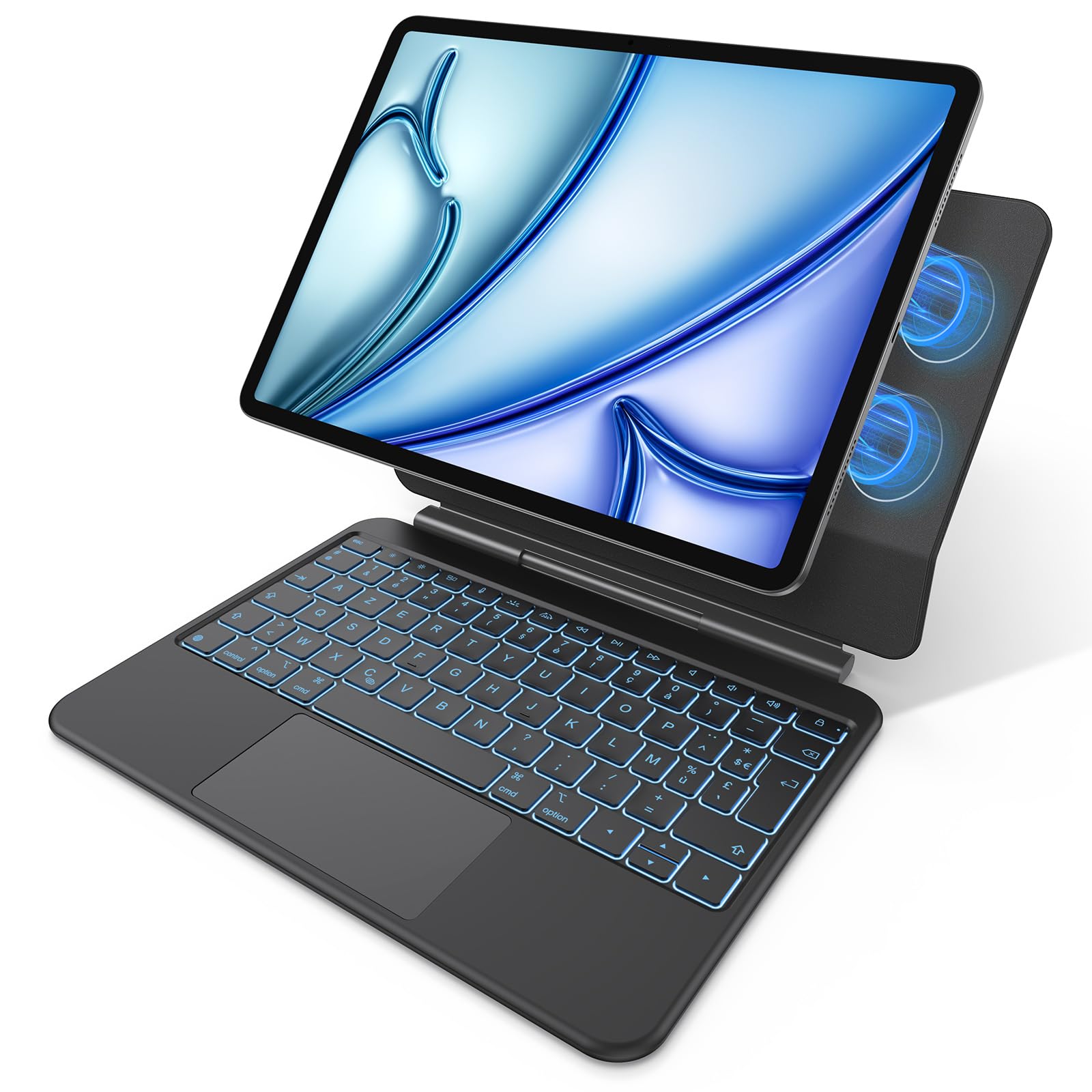 OMOTON - Funda con teclado para iPad Air 11 (M3/M2, 2025/2024)/Air 5/4 con Trackpad, Magic Keyboard para iPad Pro de 11" (4/3/2/1 Gen) francés AZERTY ISO-FR, 7 colores retroiluminados, portátil, negro