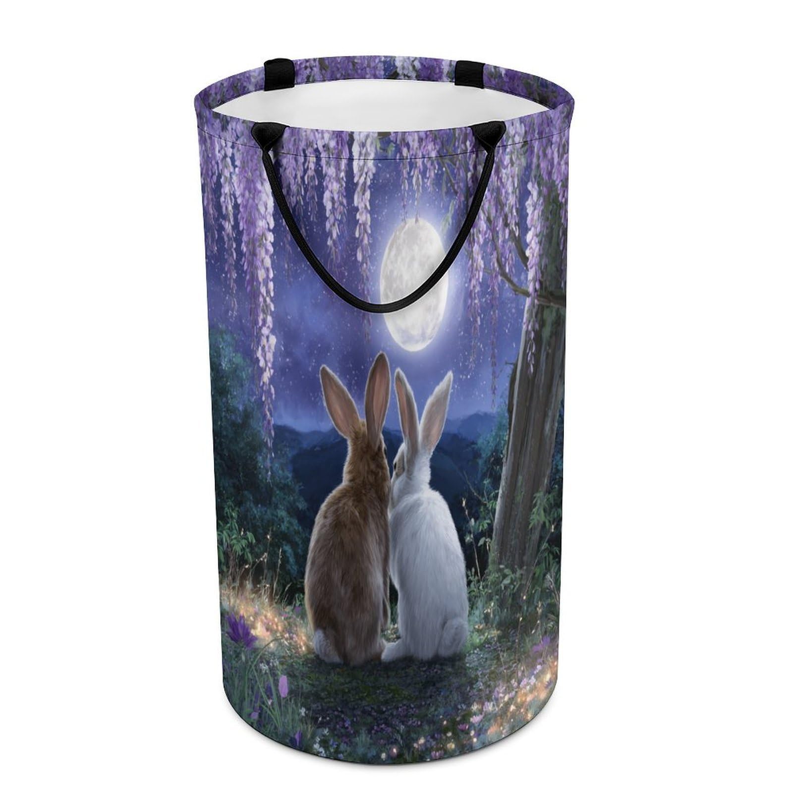 LUYYSKY Colorful Cute Animal Bunny Collapsible Dirty Clothes Basket, Retro Watercolor Full Moon Wooden Fence Plant Wisteria Flowers Portable Clothes Storage Laundry Basket-40 CM Dia, 69 CM High