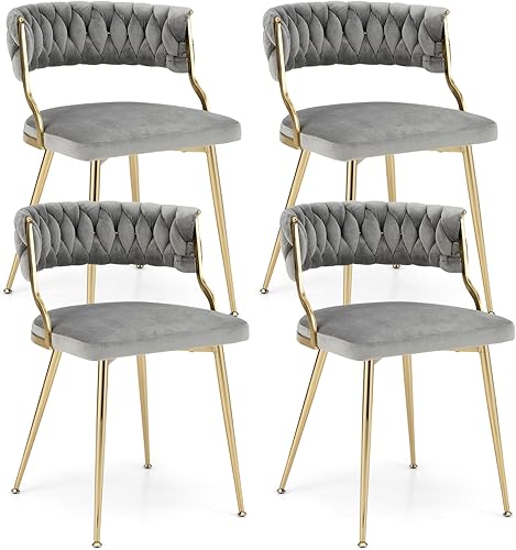 GOFLAME Juego de 4 sillas de comedor de terciopelo, sillas de ocio tapizadas con patas de metal dorado, asientos de relleno de esponja, sillas