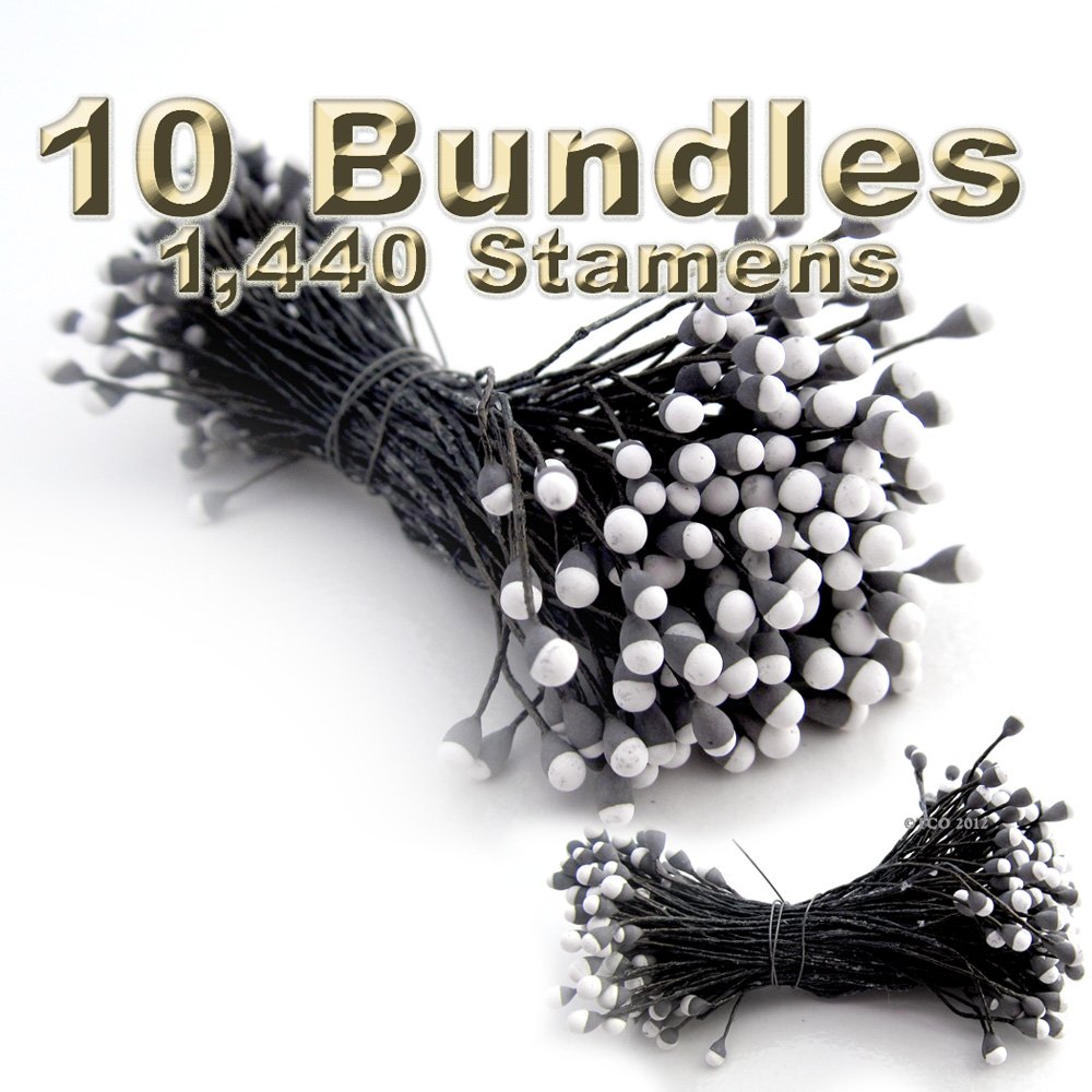 The Crafts Outlet 10 Bundle of 144 Stamen Vintage Pearl Stamen (Pistil), 3mm Head 2in Long, Two-Tone top, Black Head with White tip