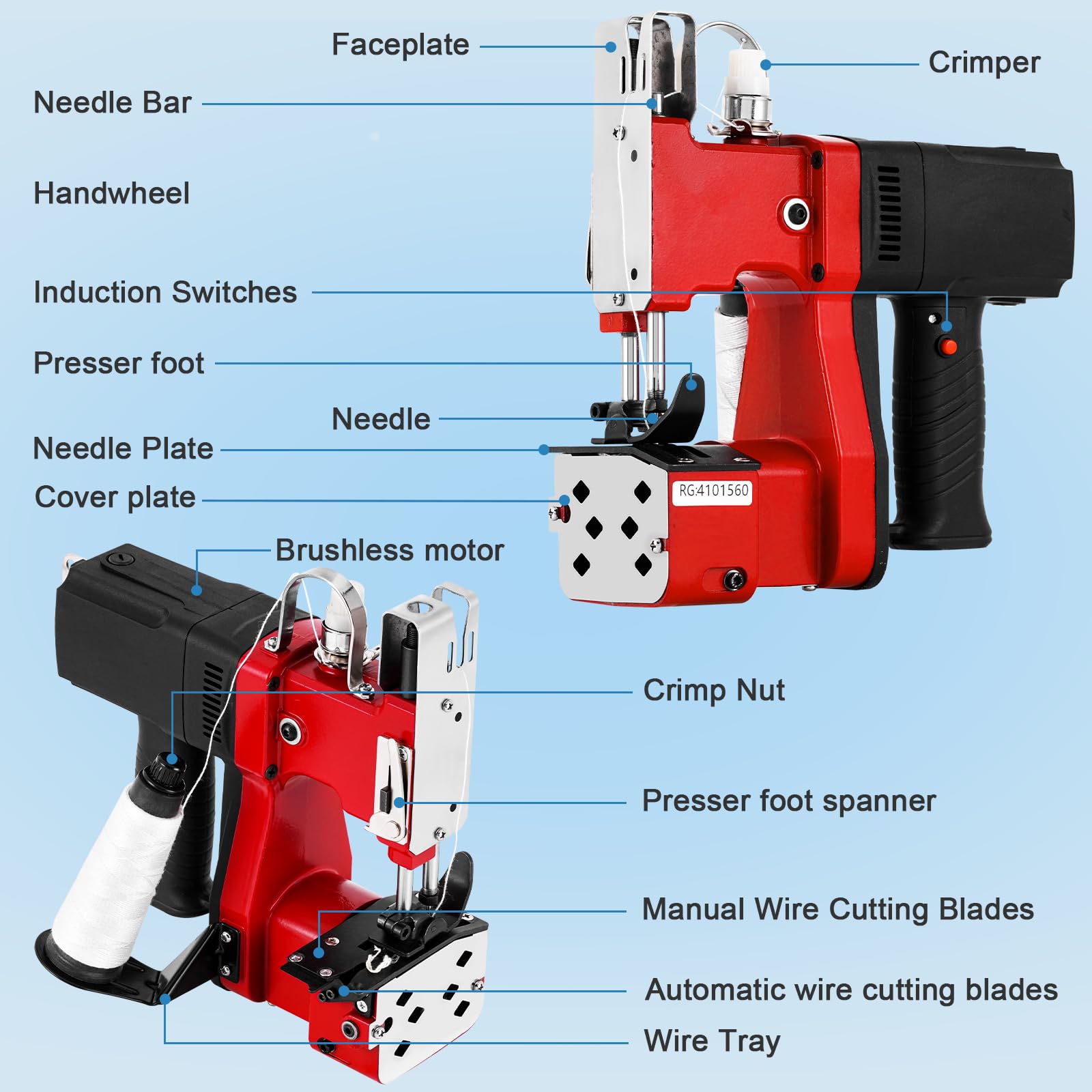 MXBAOHENG Maquinas de Coser para Sacos con cable 230 V 2600 puntadas/minuto Máquina Cosedora de Bolsas con Función Línea de Corte Automática, para Bolsas Tejidas/Arroz/Piel/Plástico/lonas(Rojo)