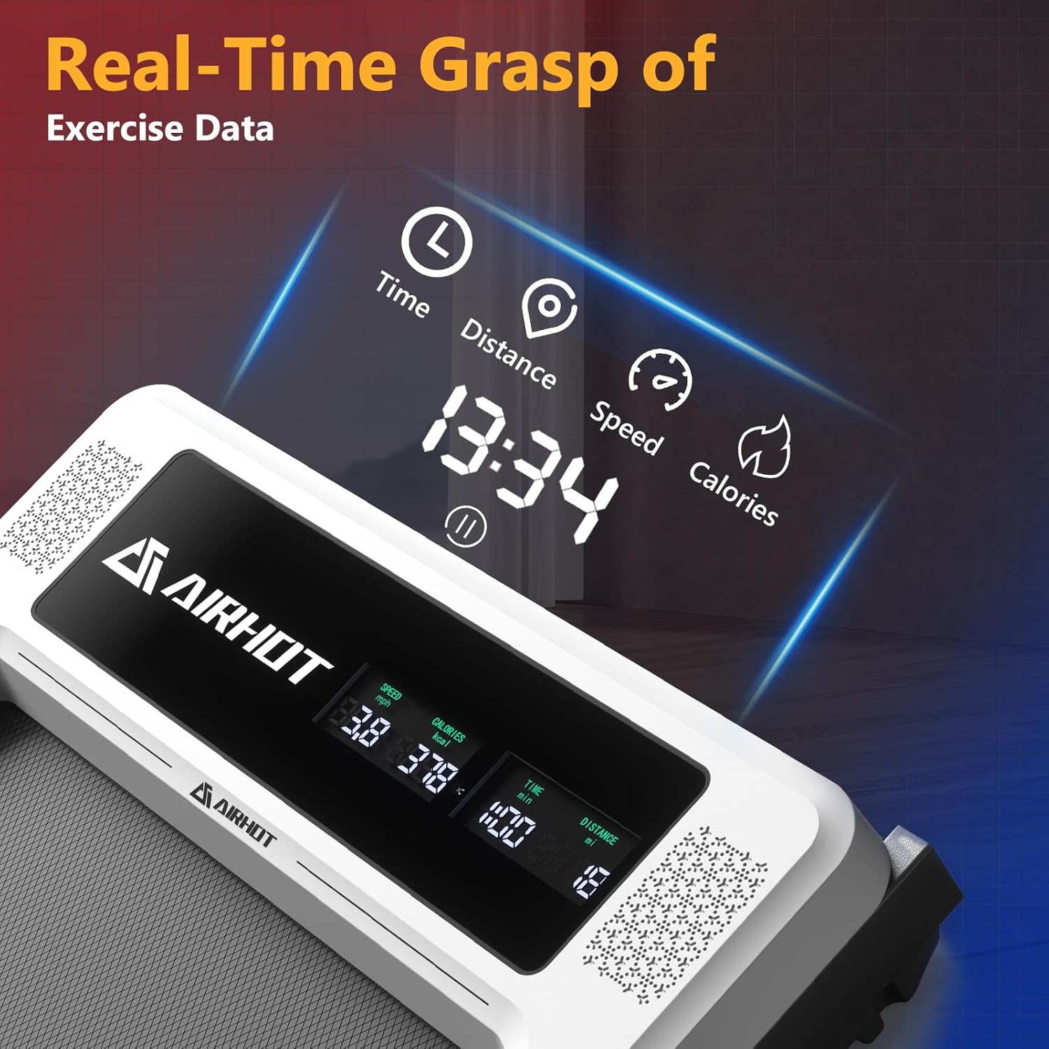 AIRHOT P2 Walking Pad Treadmill LCD display showing exercise data.